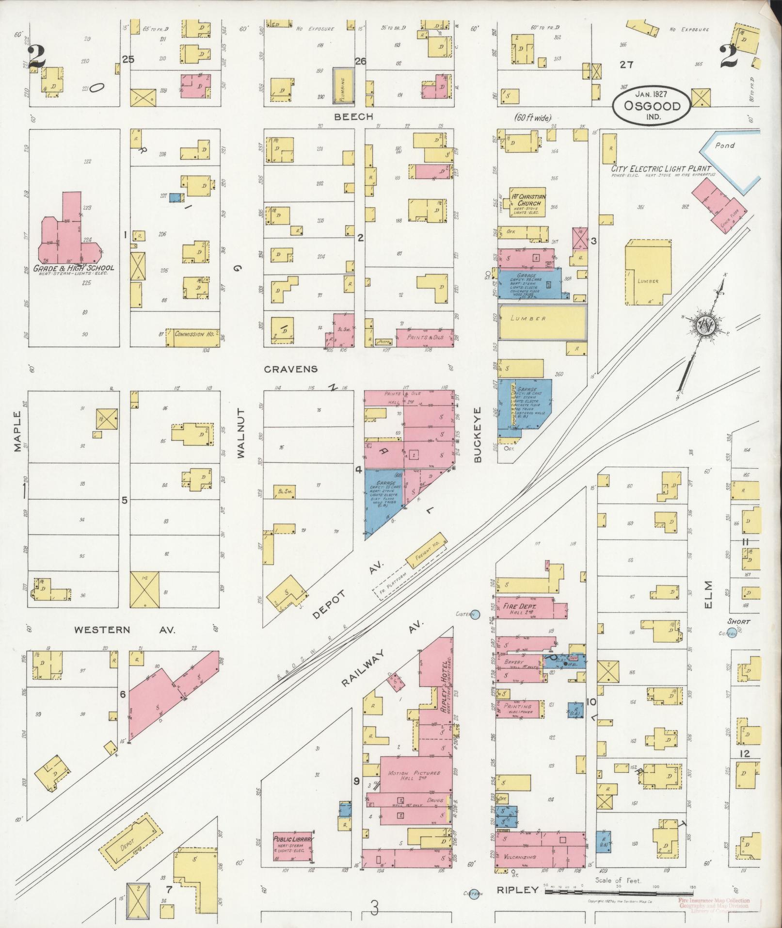 Sanborn Fire Insurance Map from Osgood, Ripley County, Indiana (1927), Sheet #0002 - Complete Map Set gallery image, historic Sanborn map, vintage wall art, Indiana Indiana