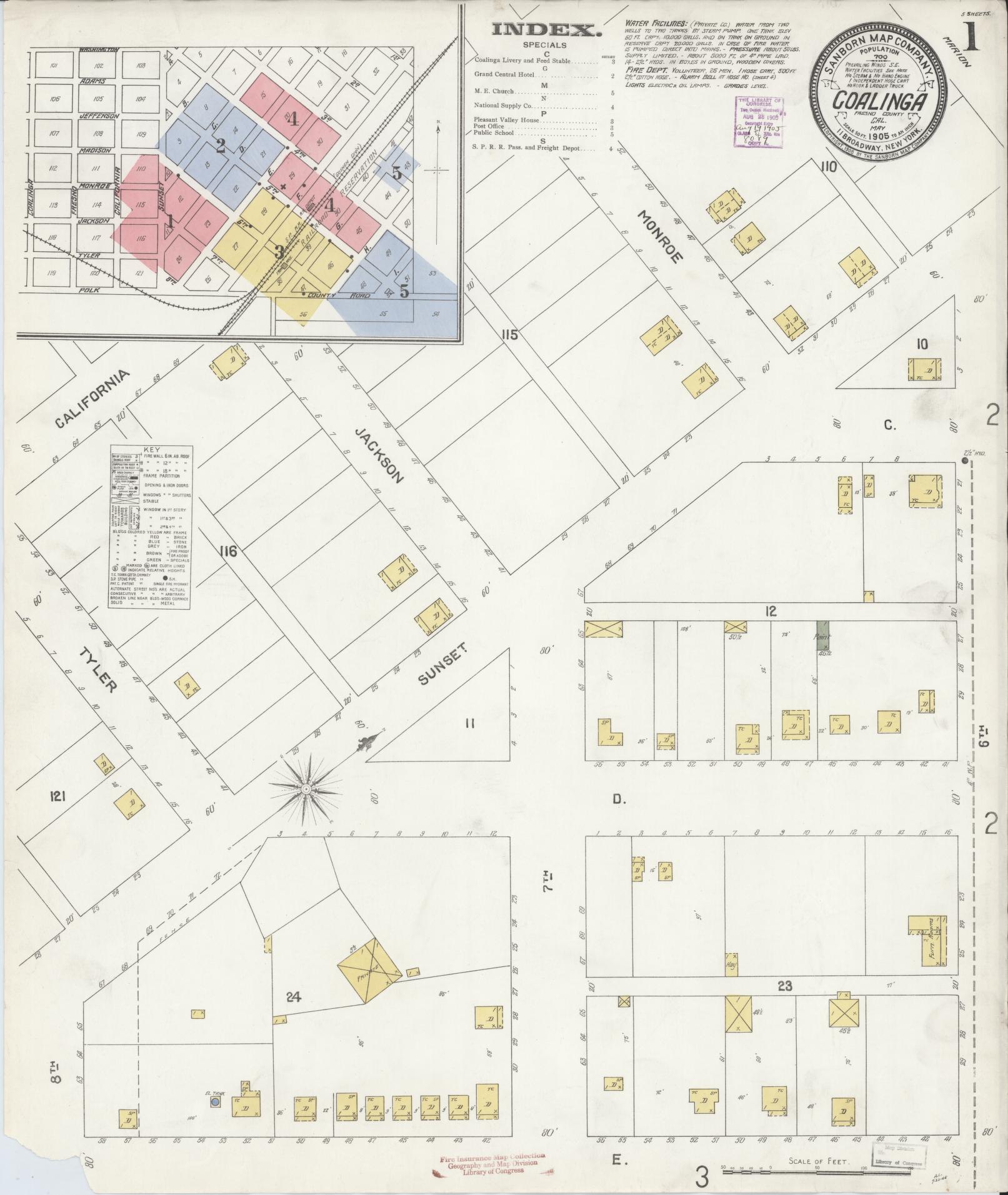 Sanborn Fire Insurance Map from Coalinga, Fresno County, California (1905), Sheet #0001 - Complete Map Set gallery image, historic Sanborn map, vintage wall art, California California