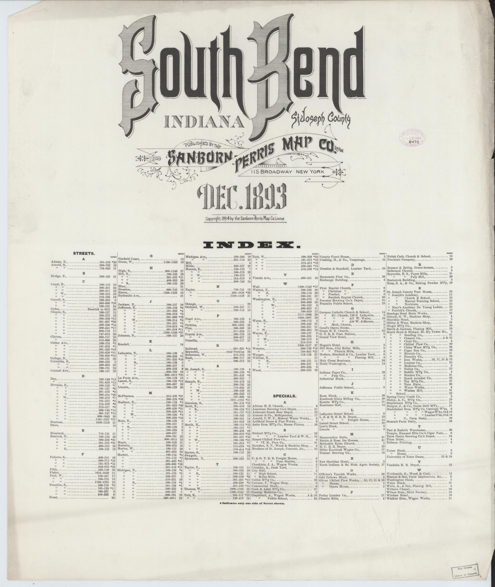 Sanborn Fire Insurance Map from South Bend, Saint Joseph County, Indiana. (1893) – Historic Sanborn Fire Insurance Map Print