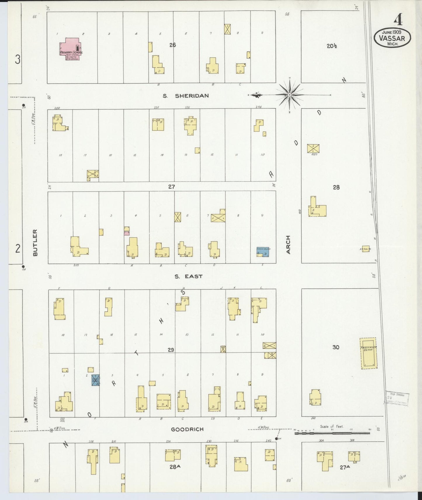 Sanborn Fire Insurance Map from Vassar, Tuscola County, Michigan (1909), Sheet #0004 - Complete Map Set gallery image, historic Sanborn map, vintage wall art, Michigan Michigan