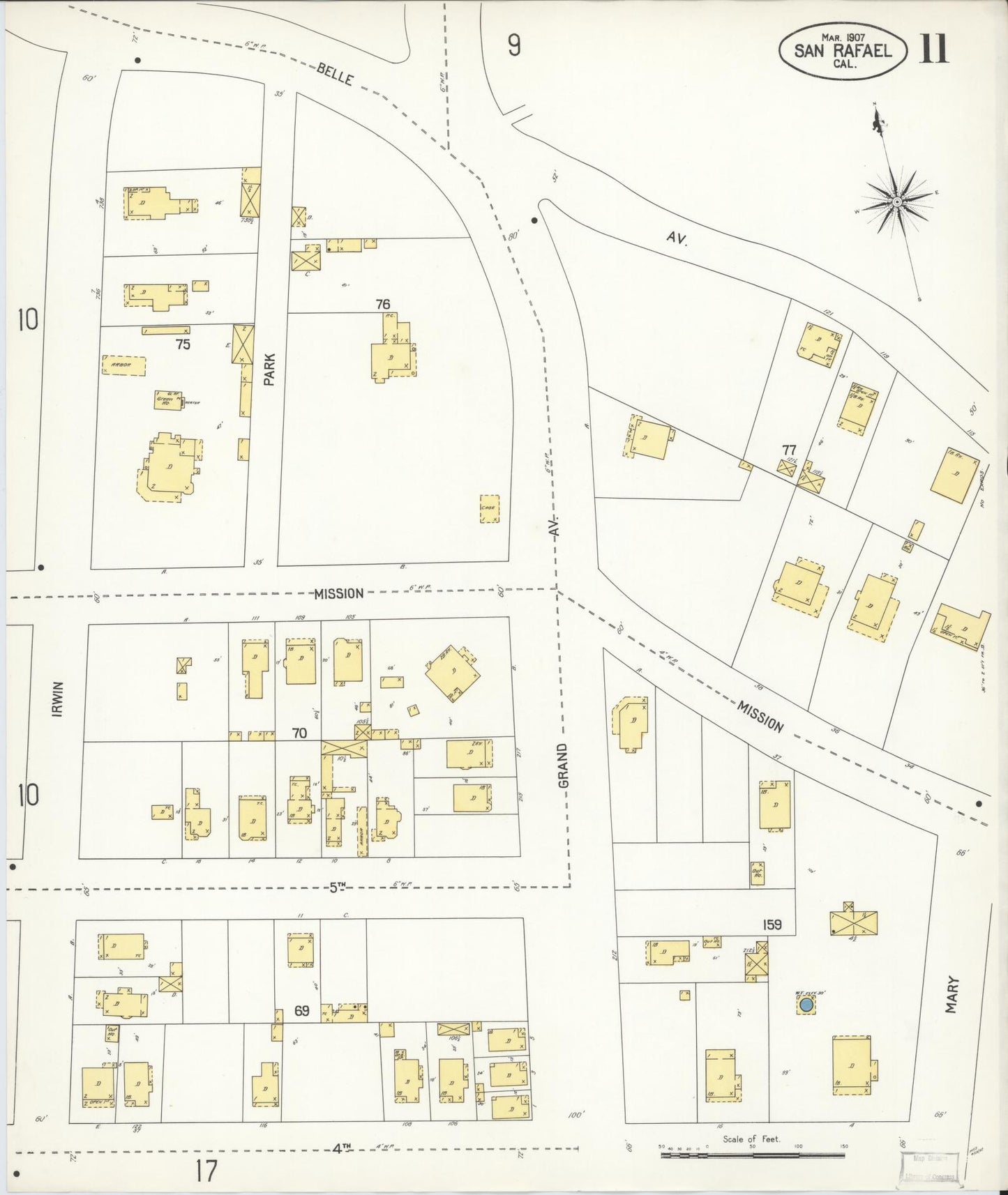 Sanborn Fire Insurance Map from San Rafael, Marin County, California (1907), Sheet #0011 - Complete Map Set gallery image, historic Sanborn map, vintage wall art, California California