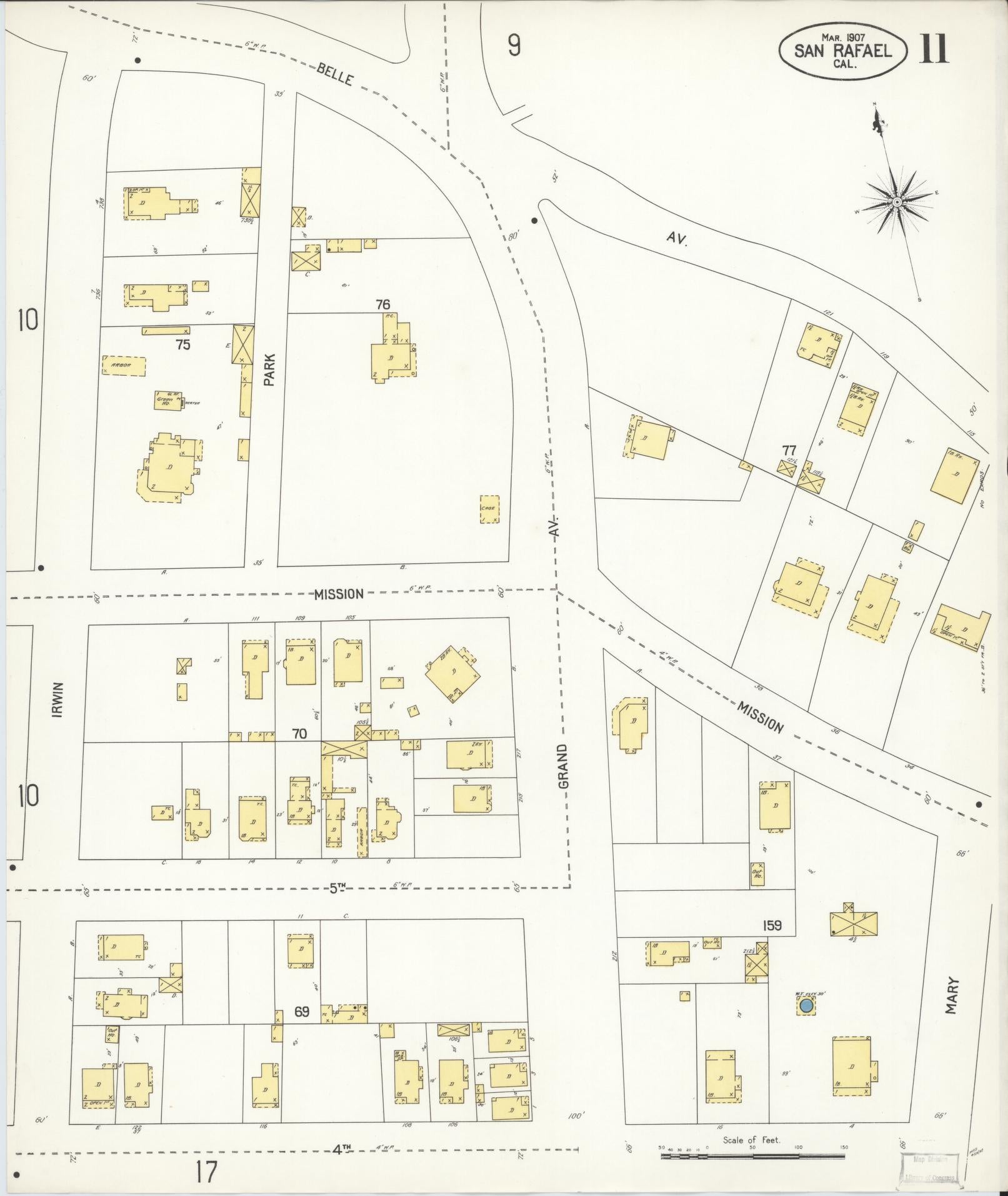 Sanborn Fire Insurance Map from San Rafael, Marin County, California (1907), Sheet #0011 - Complete Map Set gallery image, historic Sanborn map, vintage wall art, California California