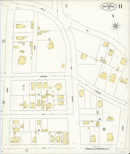 Sanborn Fire Insurance Map from San Rafael, Marin County, California (1907), Sheet #0011 - Complete Map Set gallery image, historic Sanborn map, vintage wall art, California California