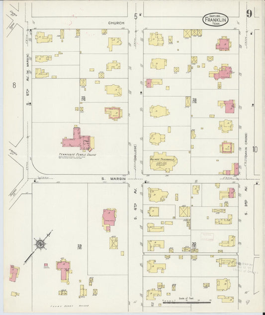 Sanborn Fire Insurance Map from Franklin, Williamson County, Tennessee (1913), Sheet #0009 - Historic Sanborn Fire Insurance Map Print, vintage old map wall art, antique decor, genealogy gift, Tennessee Tennessee map