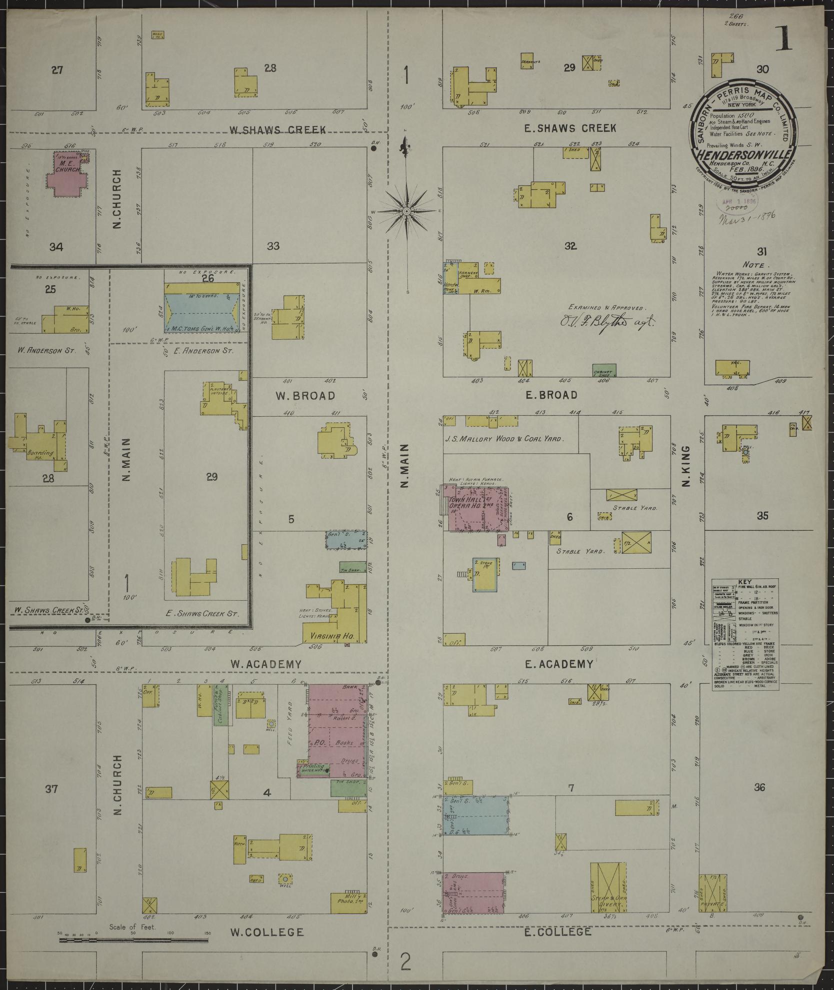 Sanborn Fire Insurance Map from Hendersonville, Henderson County, North Carolina (1896), Sheet #0001 - Historic Sanborn Fire Insurance Map Print, vintage old map wall art, antique decor, genealogy gift, North Carolina North Carolina map