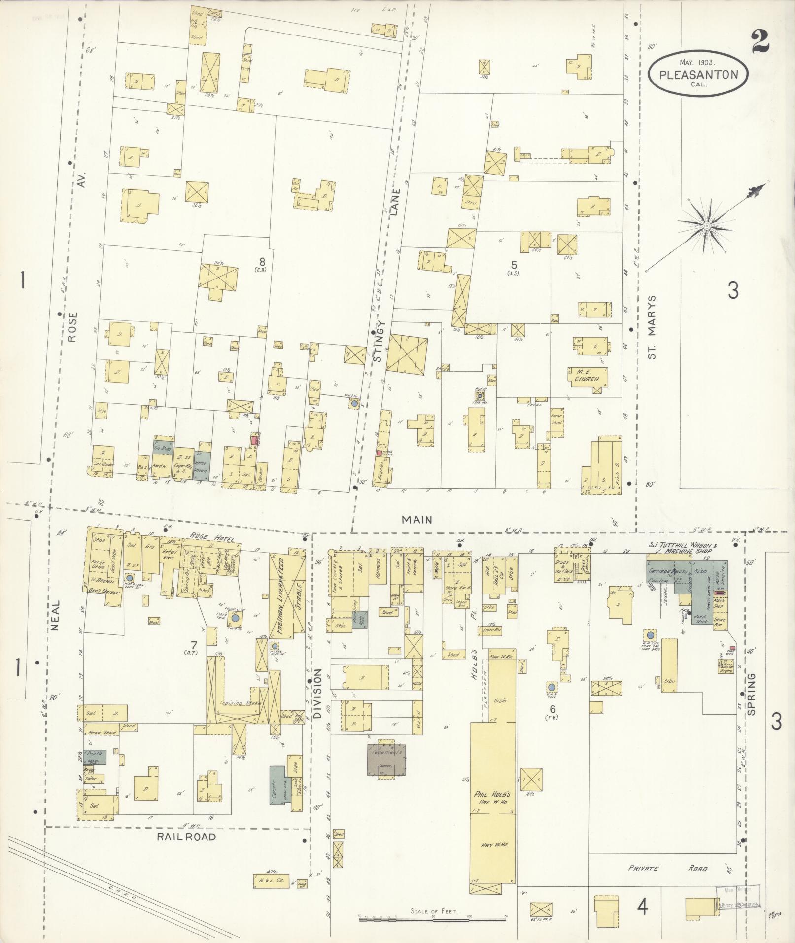Sanborn Fire Insurance Map from Pleasanton, Alameda County, California (1903), Sheet #0002 - Complete Map Set gallery image, historic Sanborn map, vintage wall art, California California