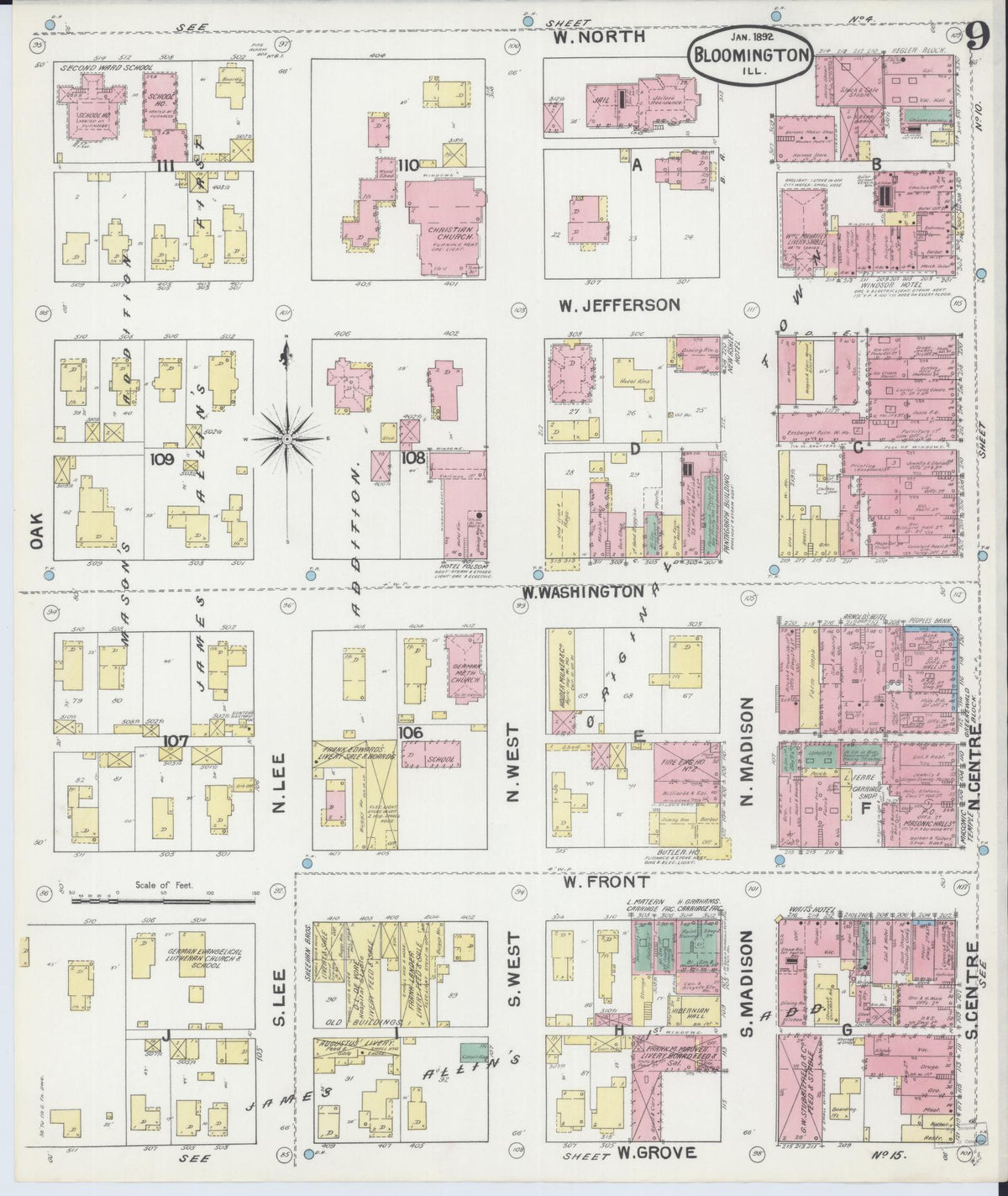 Sanborn Fire Insurance Map from Bloomington, McLean County, Illinois (1892), Sheet #0009 - Historic Sanborn Fire Insurance Map Print, vintage old map wall art, antique decor, genealogy gift, Illinois Illinois map