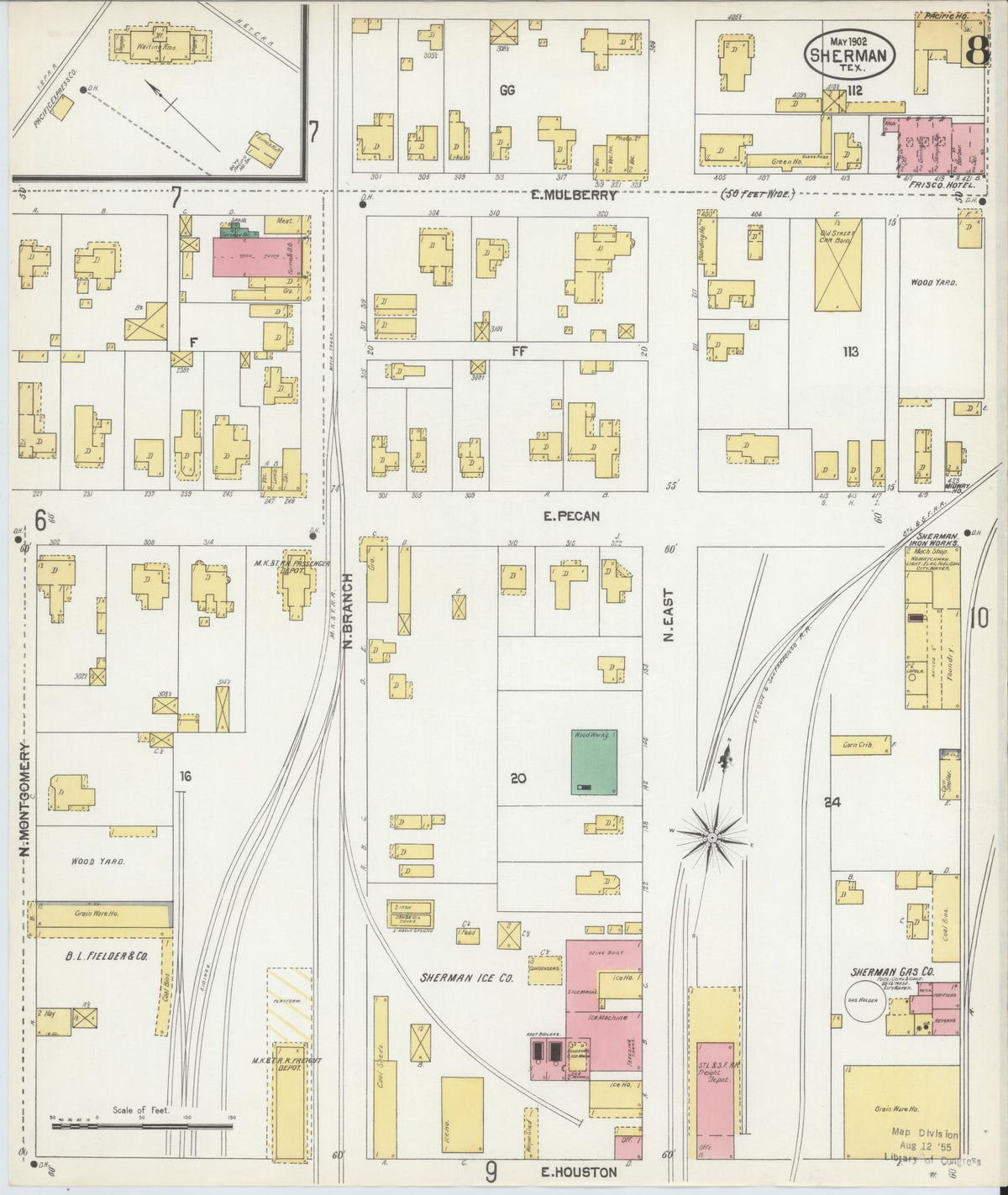 Sanborn Fire Insurance Map from Sherman, Grayson County, Texas (1902), Sheet #0008 - Complete Map Set gallery image, historic Sanborn map, vintage wall art, Texas Texas