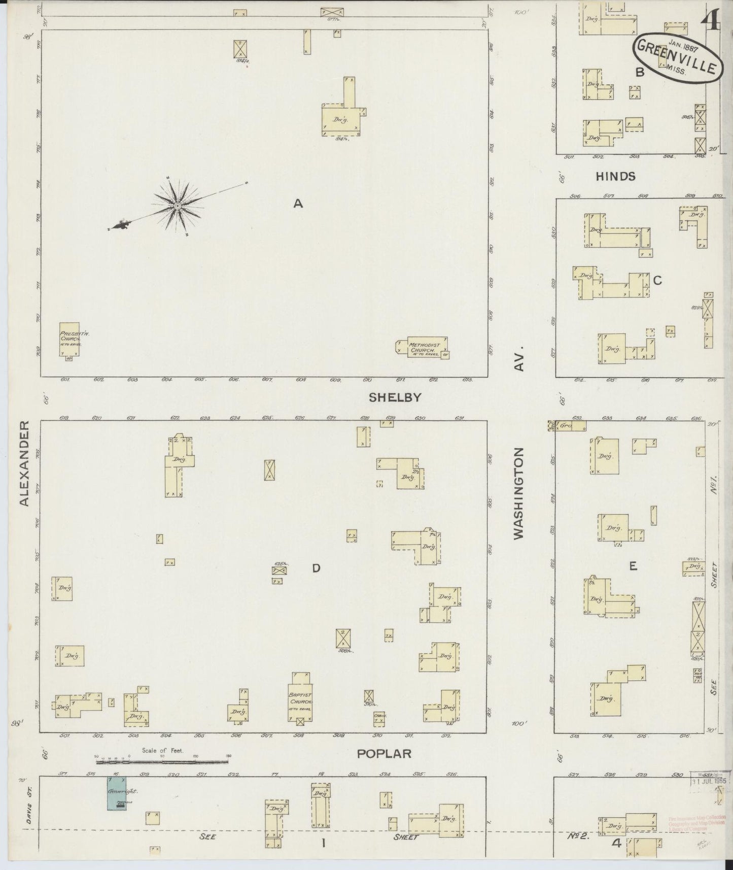 Sanborn Fire Insurance Map from Greenville, Washington County, Mississippi (1887), Sheet #0004 - Complete Map Set gallery image, historic Sanborn map, vintage wall art, Mississippi Mississippi