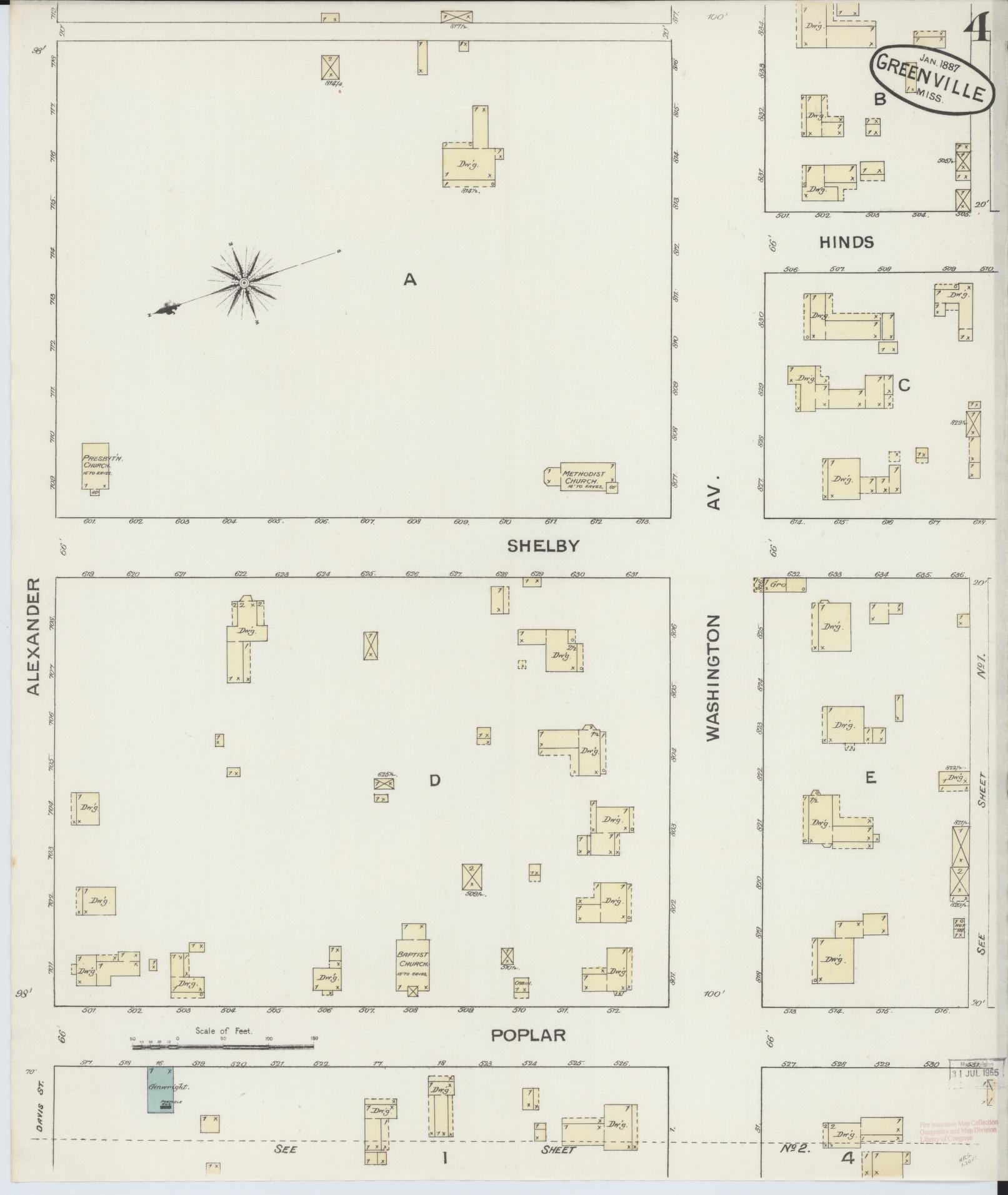 Sanborn Fire Insurance Map from Greenville, Washington County, Mississippi (1887), Sheet #0004 - Complete Map Set gallery image, historic Sanborn map, vintage wall art, Mississippi Mississippi
