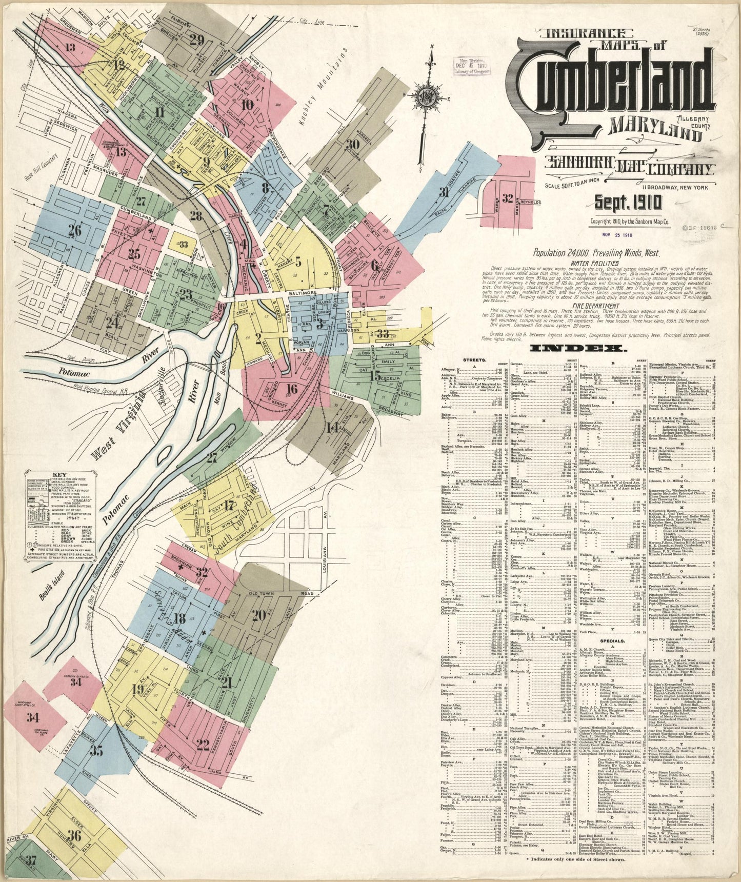 Sanborn Fire Insurance Map from Cumberland, Allegany County, Maryland (1910), Sheet #0001 - Historic Sanborn Fire Insurance Map Print, vintage old map wall art, antique decor, genealogy gift, Maryland Maryland map