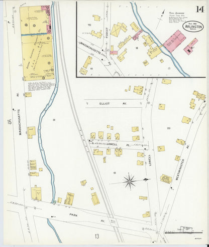 Sanborn Fire Insurance Map from Arlington, Middlesex County, Massachusetts (1908), Sheet #0014 - Complete Map Set gallery image, historic Sanborn map, vintage wall art, Massachusetts Massachusetts