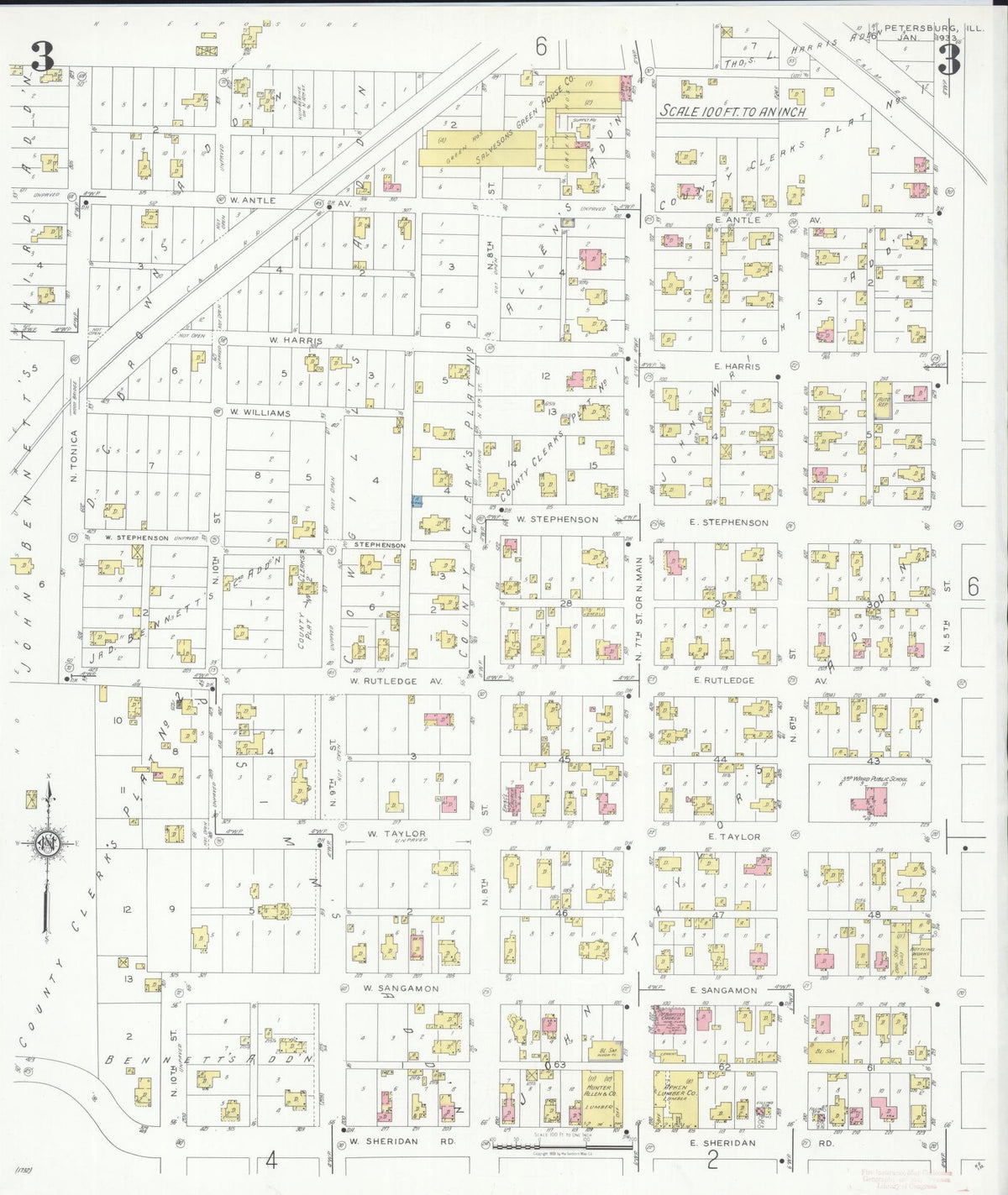 Sanborn Fire Insurance Map from Petersburg, Menard County, Illinois (1933), Sheet #0003 - Complete Map Set gallery image, historic Sanborn map, vintage wall art, Illinois Illinois