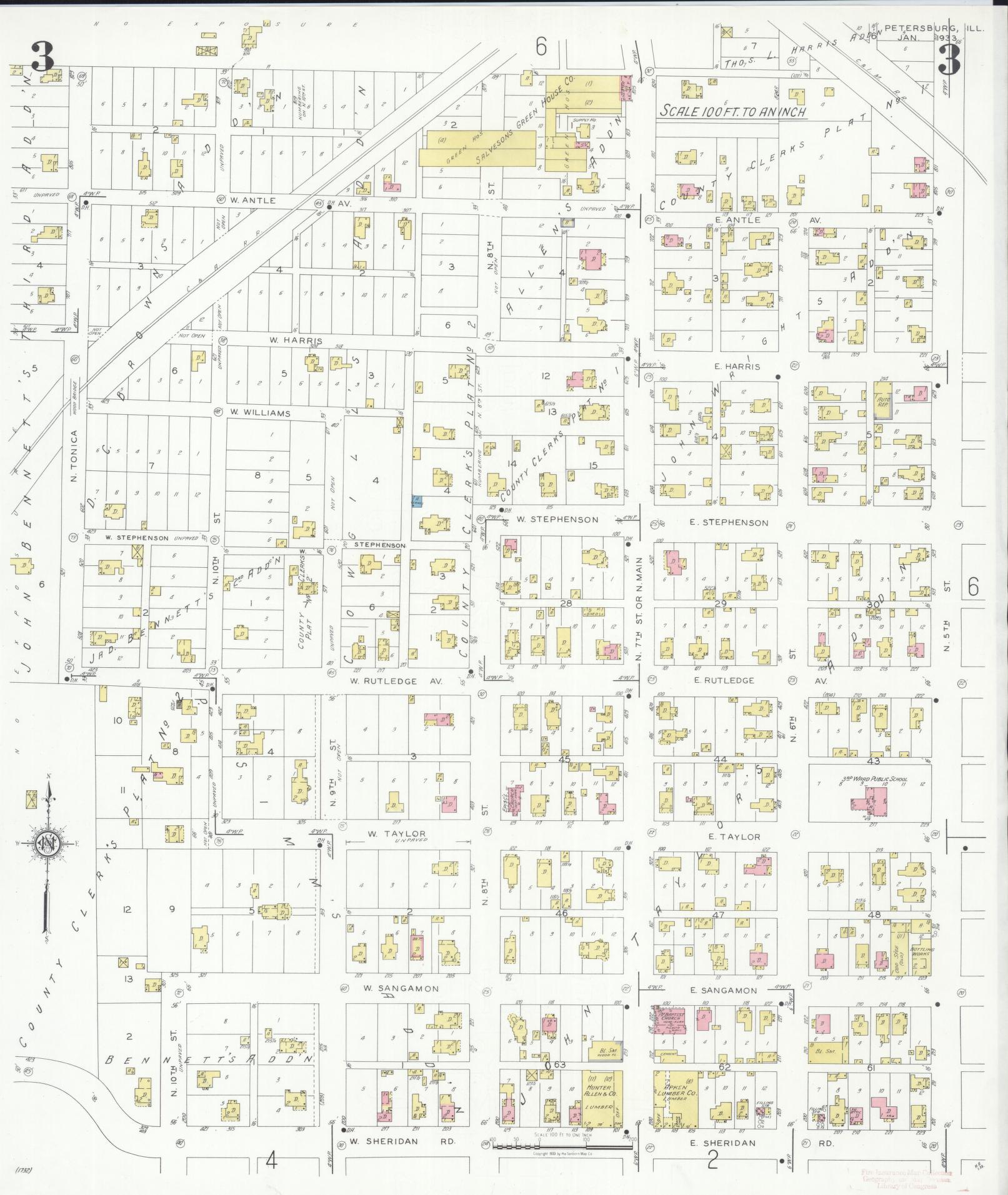 Sanborn Fire Insurance Map from Petersburg, Menard County, Illinois (1933), Sheet #0003 - Complete Map Set gallery image, historic Sanborn map, vintage wall art, Illinois Illinois