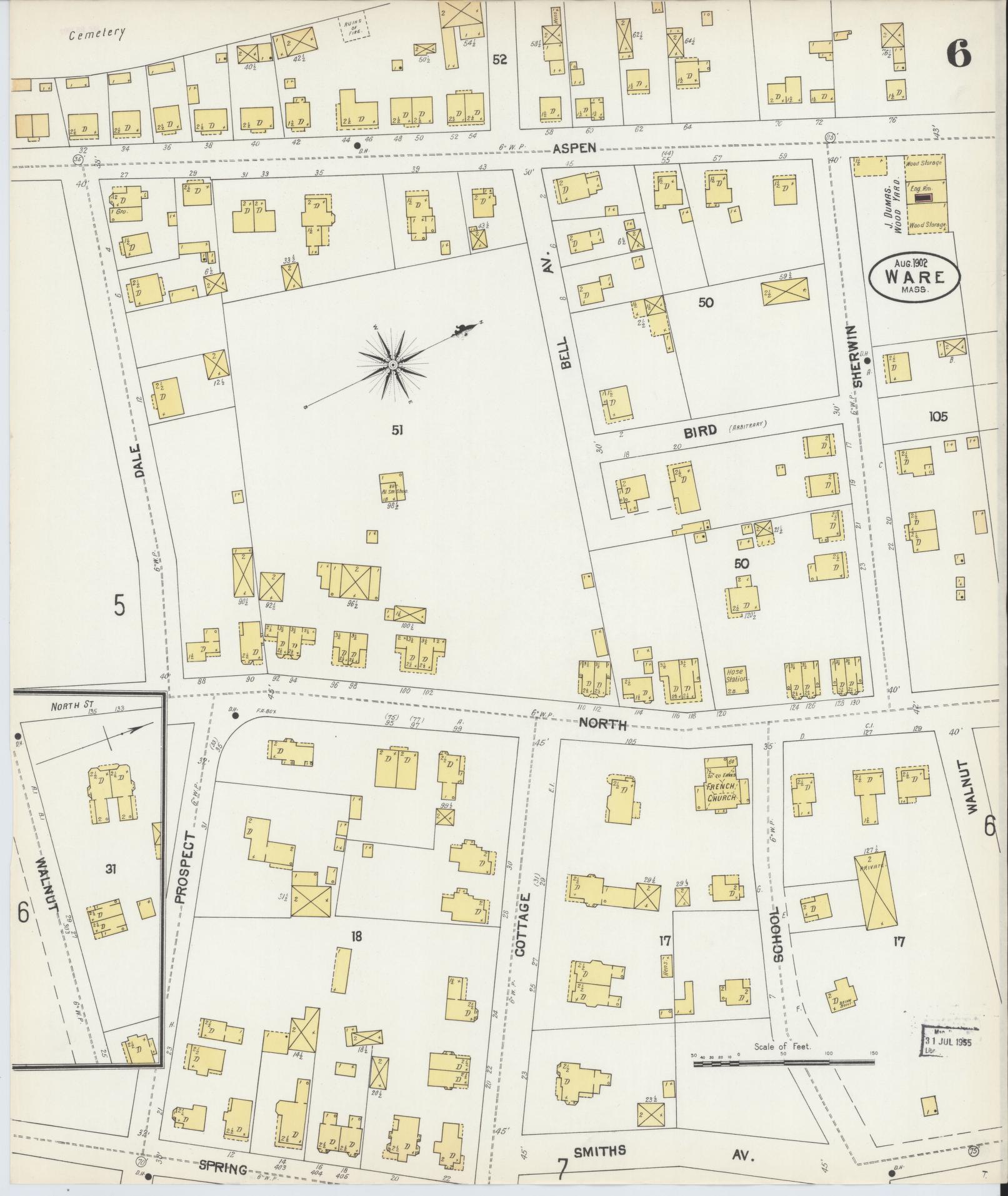 Sanborn Fire Insurance Map from Ware, Hampshire County, Massachusetts (1902), Sheet #0006 - Historic Sanborn Fire Insurance Map Print, vintage old map wall art, antique decor, genealogy gift, Massachusetts Massachusetts map