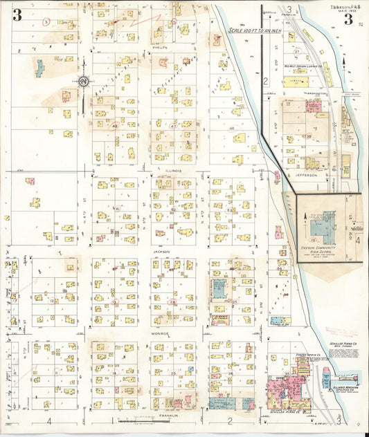 Sanborn Fire Insurance Map from Oregon, Ogle County, Illinois (1943), Sheet #0003 - Historic Sanborn Fire Insurance Map Print, vintage old map wall art, antique decor, genealogy gift, Illinois Illinois map