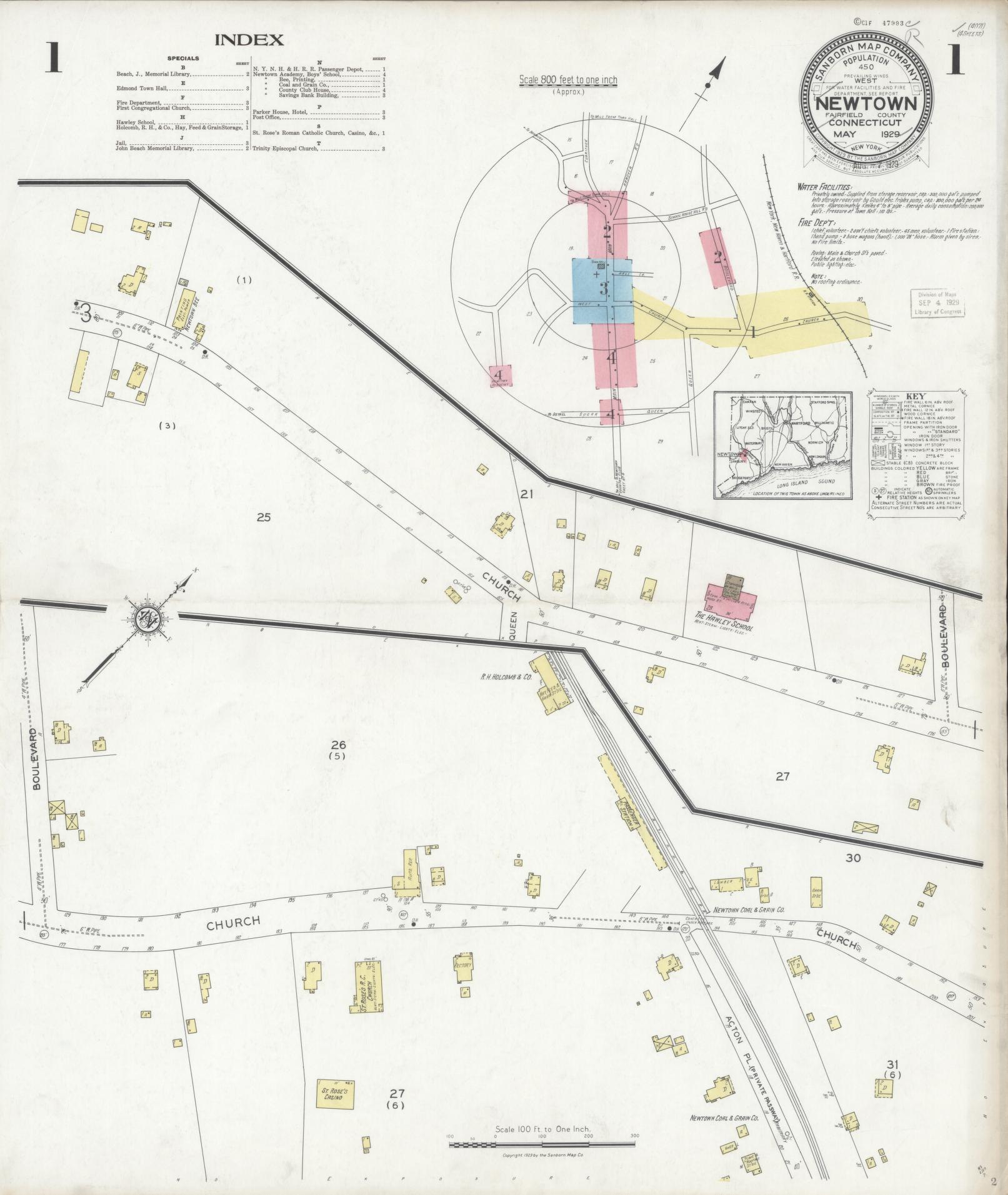 Sanborn Fire Insurance Map from Newtown, Fairfield County, Connecticut (1929), Sheet #0001 - Historic Sanborn Fire Insurance Map Print, vintage old map wall art, antique decor, genealogy gift, Connecticut Connecticut map