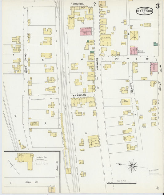 Sanborn Fire Insurance Map from Radford, Independent Cities, Virginia (1896), Sheet #0003 - Historic Sanborn Fire Insurance Map Print, vintage old map wall art, antique decor, genealogy gift, Virginia Virginia map