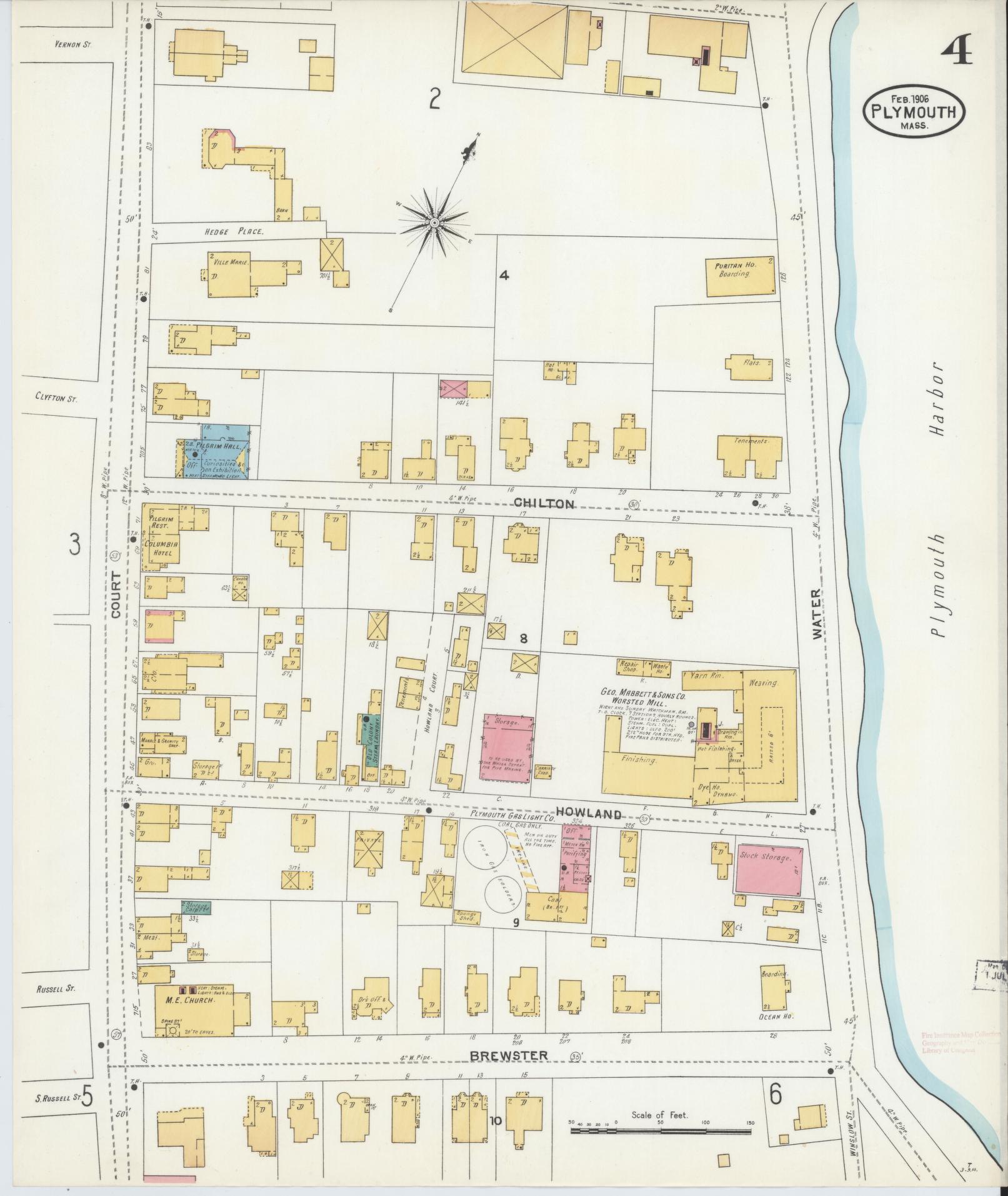 Sanborn Fire Insurance Map from Plymouth, Plymouth County, Massachusetts (1906), Sheet #0004 - Historic Sanborn Fire Insurance Map Print, vintage old map wall art, antique decor, genealogy gift, Massachusetts Massachusetts map