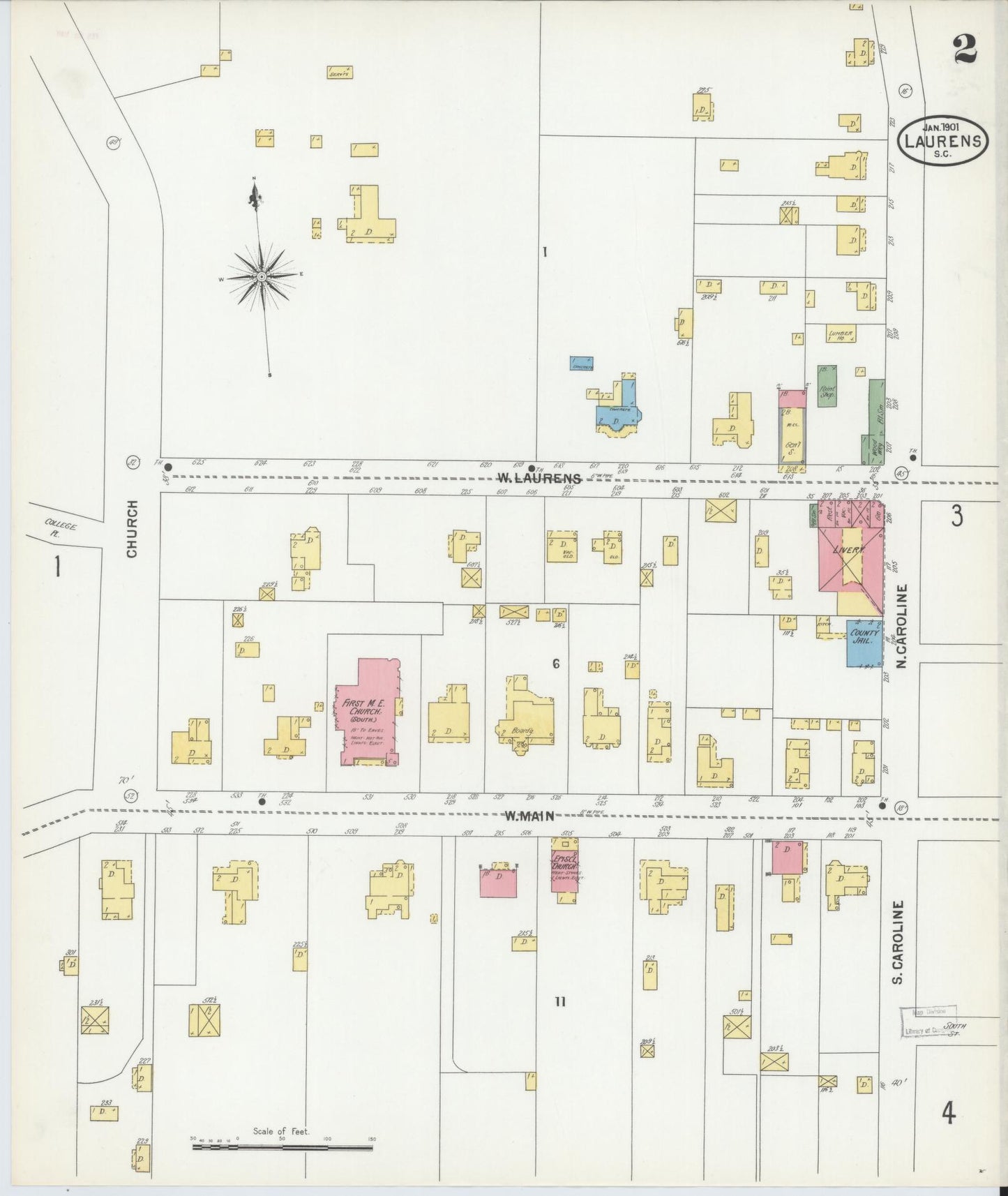 Sanborn Fire Insurance Map from Laurens, Laurens County, South Carolina (1901), Sheet #0002 - Complete Map Set gallery image, historic Sanborn map, vintage wall art, South Carolina South Carolina
