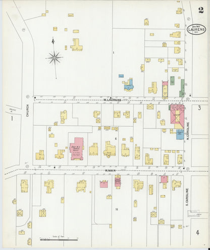 Sanborn Fire Insurance Map from Laurens, Laurens County, South Carolina (1901), Sheet #0002 - Complete Map Set gallery image, historic Sanborn map, vintage wall art, South Carolina South Carolina