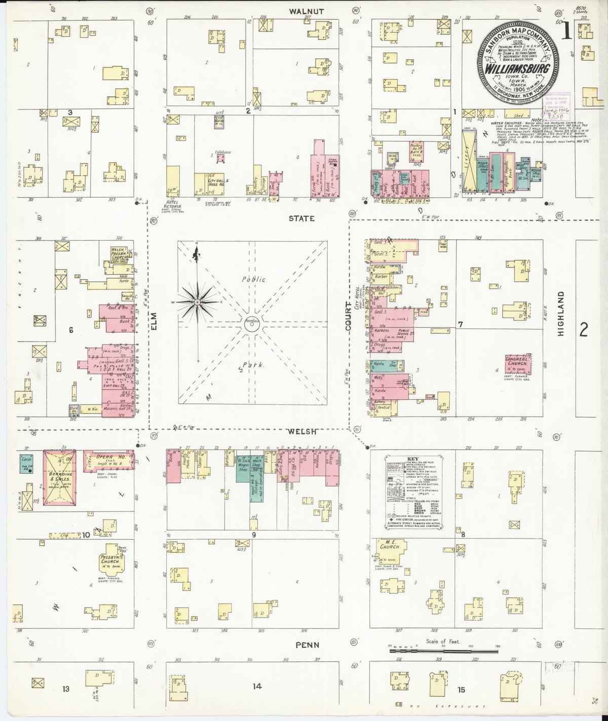 Sanborn Fire Insurance Map from Williamsburg, Iowa County, Iowa (1906), Sheet #0001 - Historic Sanborn Fire Insurance Map Print, vintage old map wall art