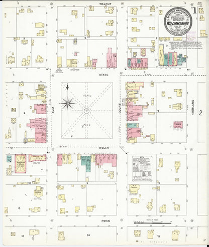 Sanborn Fire Insurance Map from Williamsburg, Iowa County, Iowa (1906), Sheet #0001 - Historic Sanborn Fire Insurance Map Print, vintage old map wall art