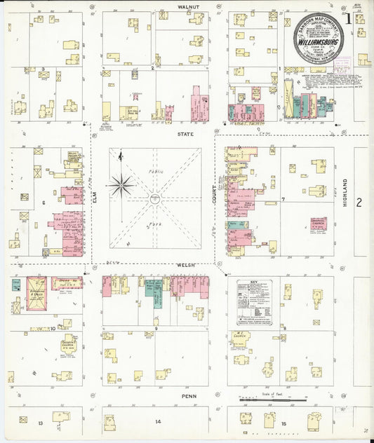 Sanborn Fire Insurance Map from Williamsburg, Iowa County, Iowa (1906), Sheet #0001 - Historic Sanborn Fire Insurance Map Print, vintage old map wall art