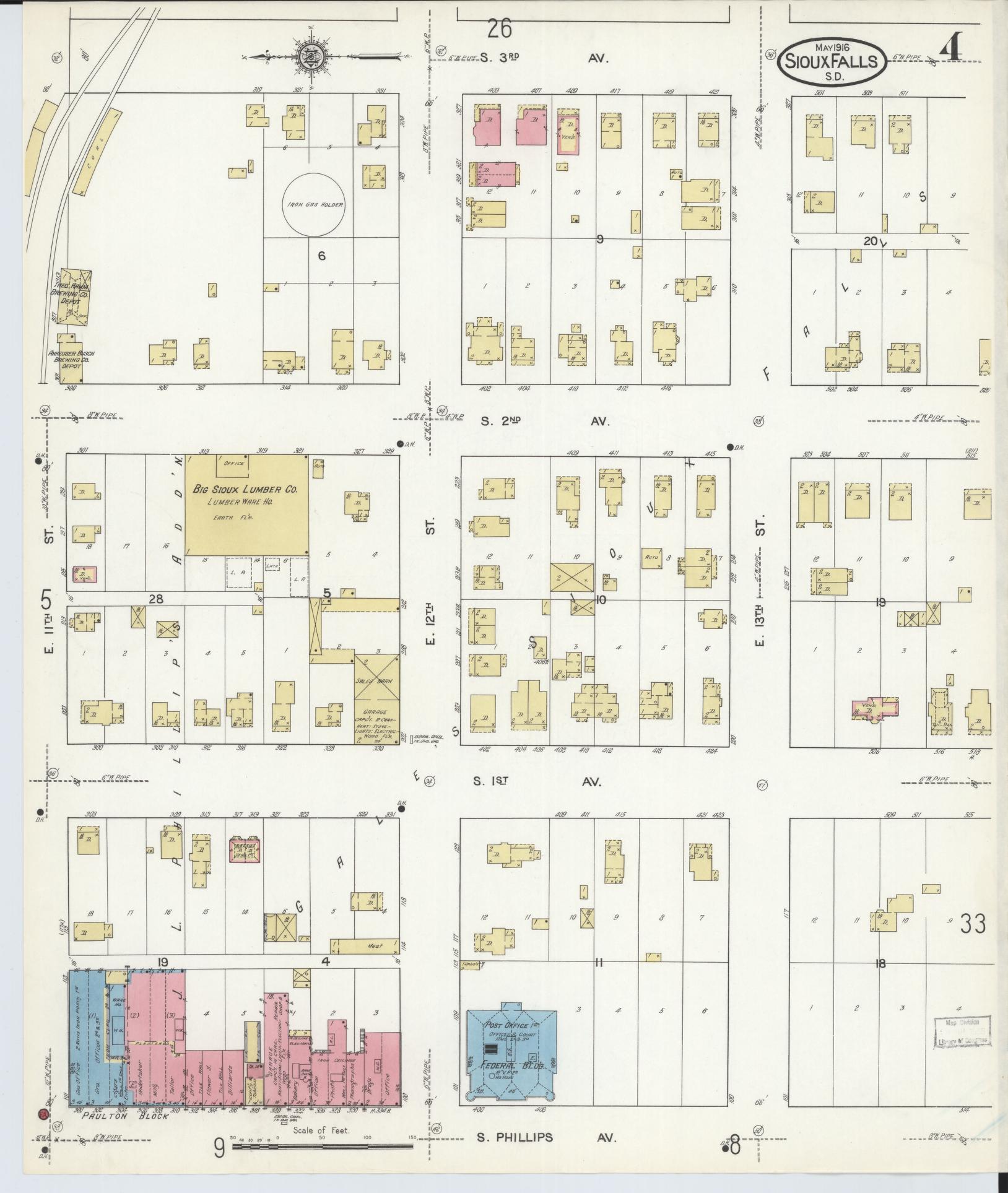 Sanborn Fire Insurance Map from Sioux Falls, Minnehaha County, South Dakota (1916), Sheet #0004 - Historic Sanborn Fire Insurance Map Print, vintage old map wall art, antique decor, genealogy gift, South Dakota South Dakota map