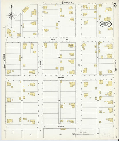 Sanborn Fire Insurance Map from Wolfe City, Hunt County, Texas (1909), Sheet #0005 - Historic Sanborn Fire Insurance Map Print, vintage old map wall art, antique decor, genealogy gift, Texas Texas map
