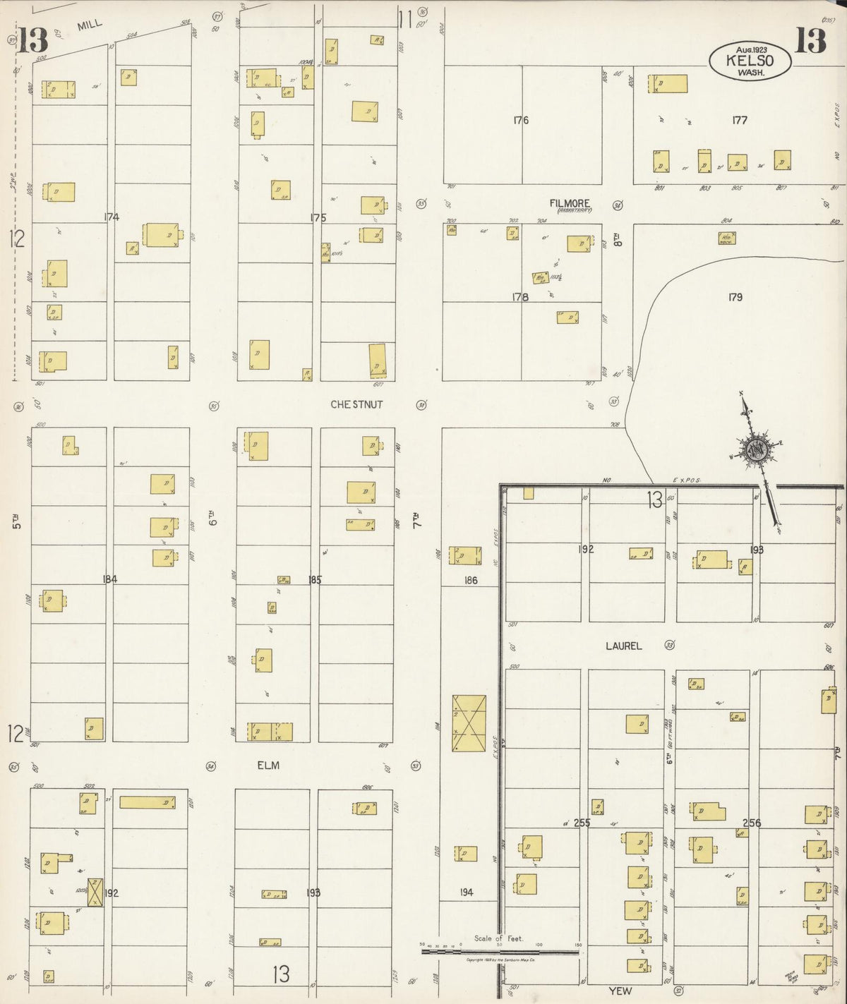 Sanborn Fire Insurance Map from Kelso, Cowlitz County, Washington (1923), Sheet #0013 - Historic Sanborn Fire Insurance Map Print, vintage old map wall art, antique decor, genealogy gift, Washington Washington map