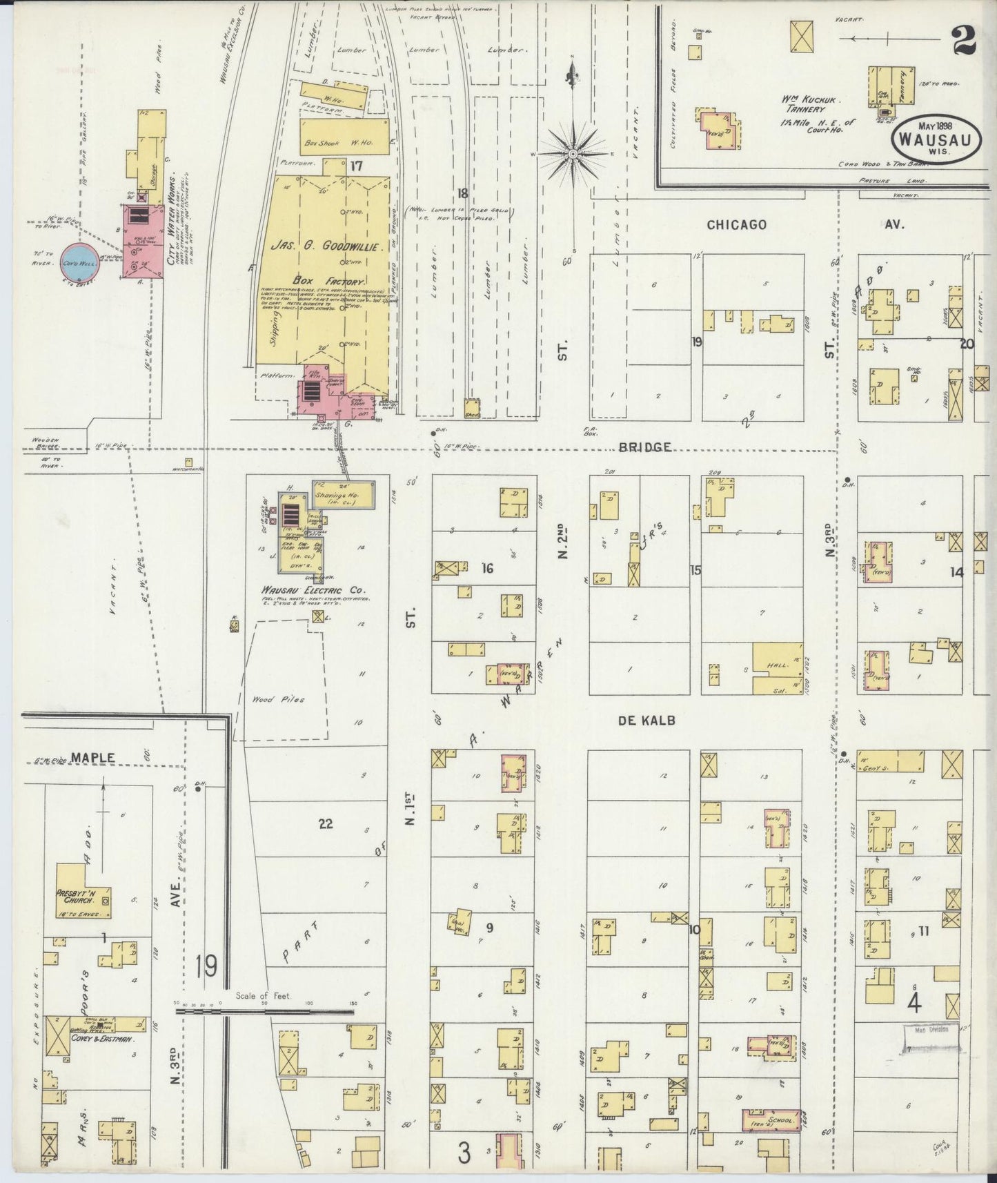 Sanborn Fire Insurance Map from Wausau, Marathon County, Wisconsin (1898), Sheet #0002 - Historic Sanborn Fire Insurance Map Print, vintage old map wall art, antique decor, genealogy gift, Wisconsin Wisconsin map