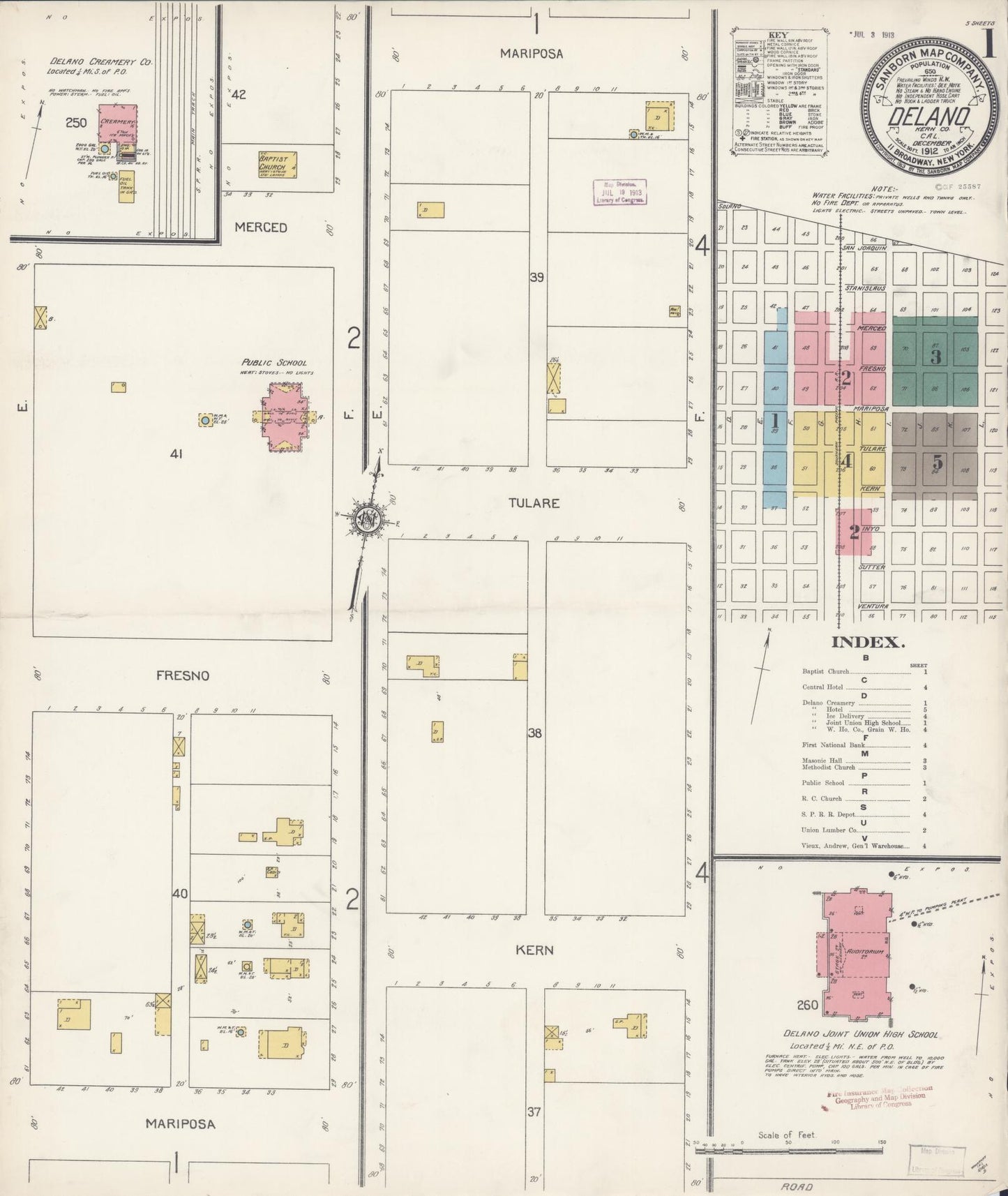Sanborn Fire Insurance Map from Delano, Kern County, California (1912), Sheet #0001 - Historic Sanborn Fire Insurance Map Print, vintage old map wall art, antique decor, genealogy gift, California California map