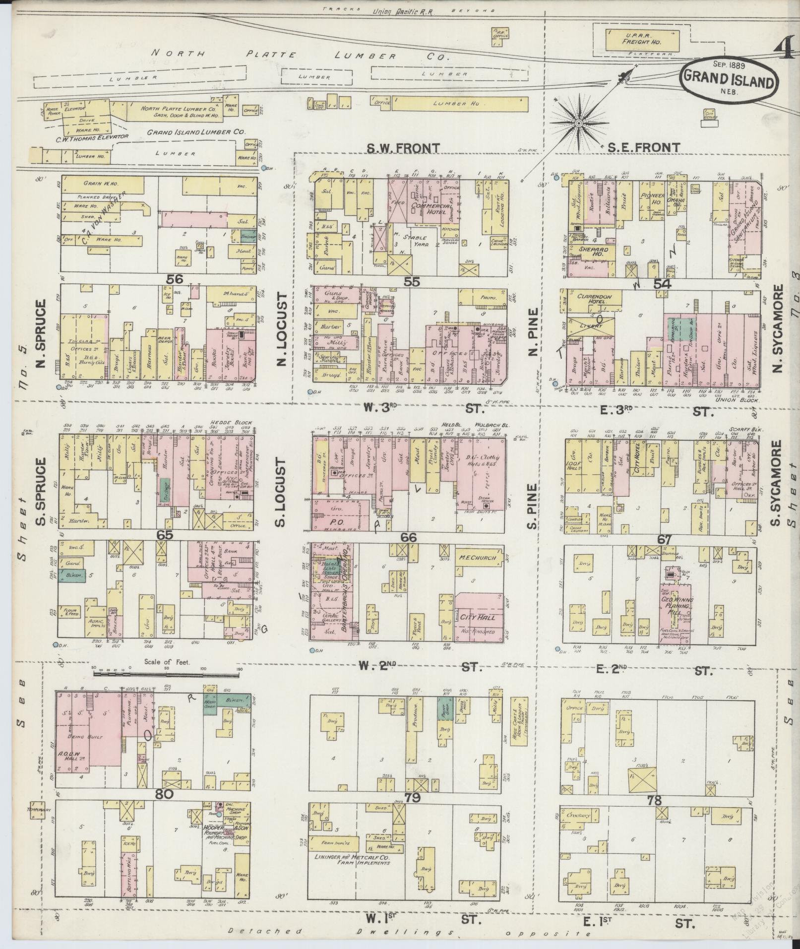Sanborn Fire Insurance Map from Grand Island, Hall County, Nebraska (1889), Sheet #0004 - Historic Sanborn Fire Insurance Map Print, vintage old map wall art, antique decor, genealogy gift, Nebraska Nebraska map