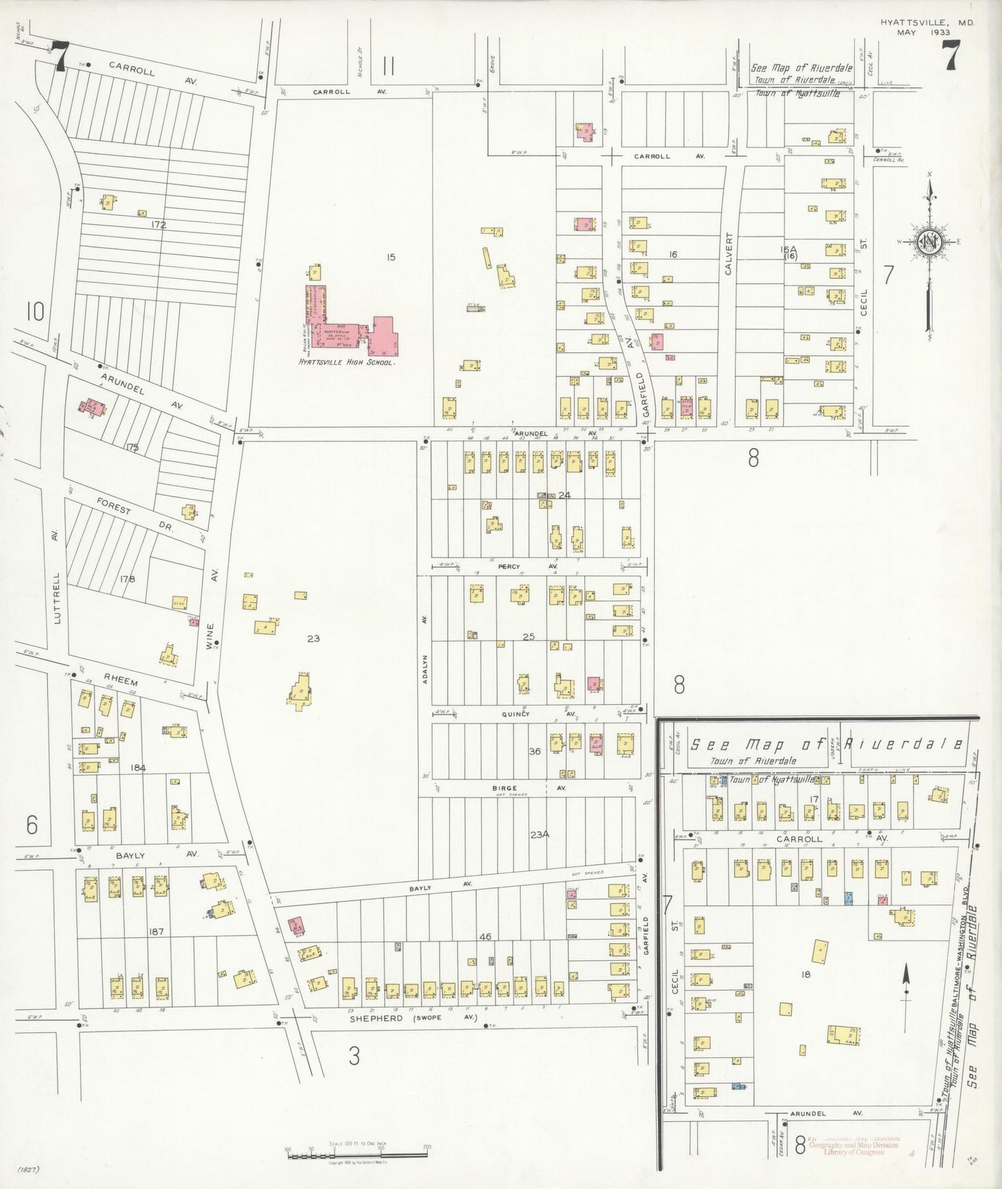 Sanborn Fire Insurance Map from Hyattsville, Prince Georges County, Maryland (1933), Sheet #0007 - Historic Sanborn Fire Insurance Map Print, vintage old map wall art