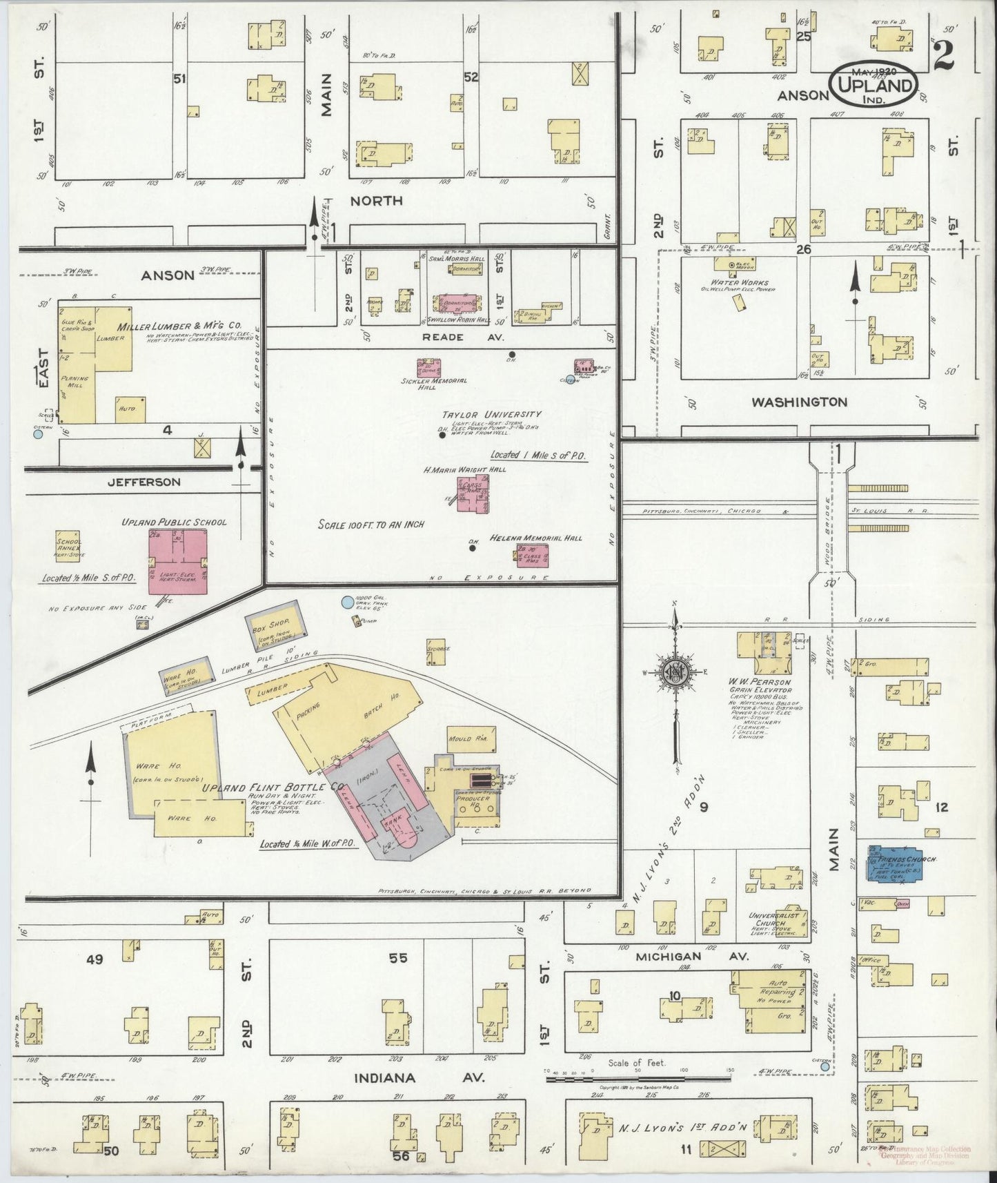 Sanborn Fire Insurance Map from Upland, Grant County, Indiana (1920), Sheet #0002 - Complete Map Set gallery image, historic Sanborn map, vintage wall art, Indiana Indiana