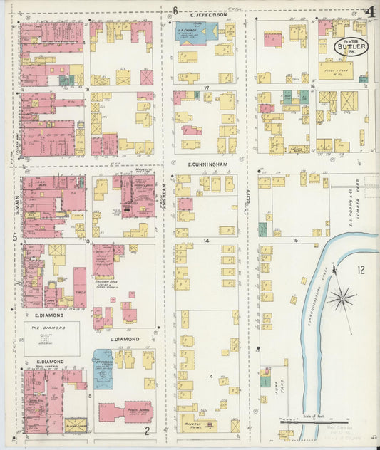 Sanborn Fire Insurance Map from Butler, Butler County, Pennsylvania (1906), Sheet #0004 - Historic Sanborn Fire Insurance Map Print, vintage old map wall art, antique decor, genealogy gift, Pennsylvania Pennsylvania map