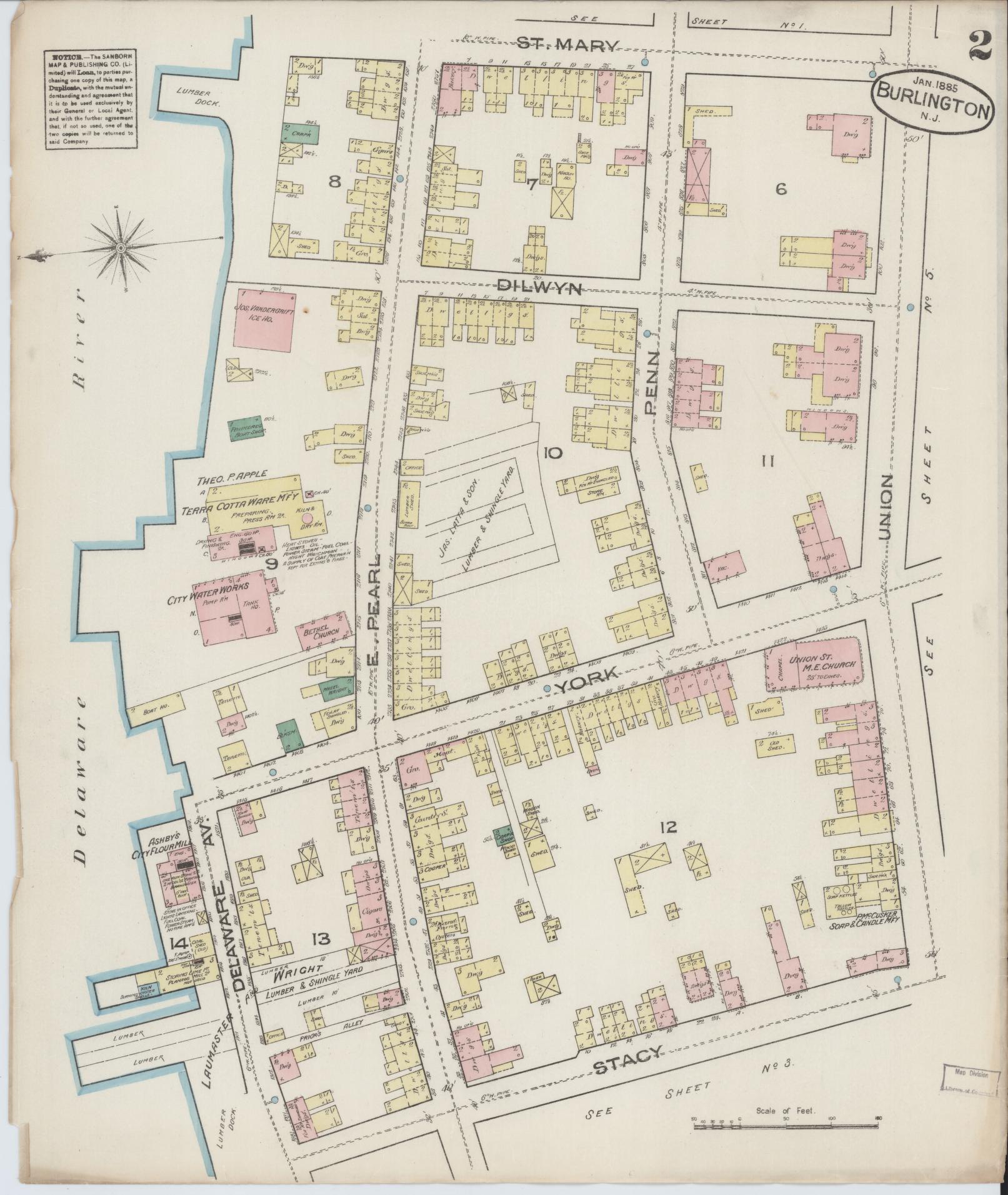 Sanborn Fire Insurance Map from Burlington, Burlington County, New Jersey (1885), Sheet #0002 - Complete Map Set gallery image, historic Sanborn map, vintage wall art, New Jersey New Jersey