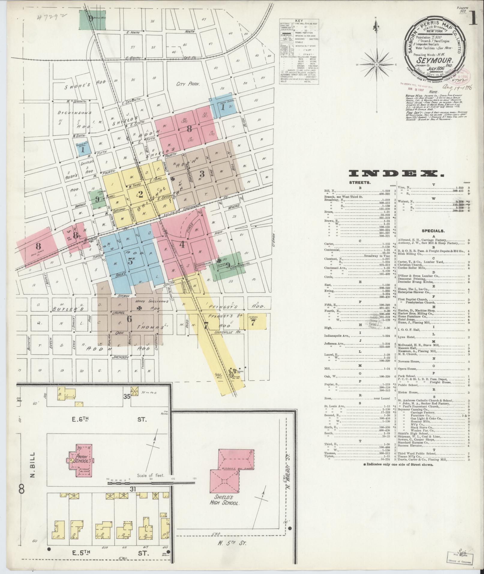 Sanborn Fire Insurance Map from Seymour, Jackson County, Indiana (1896), Sheet #0001 - Historic Sanborn Fire Insurance Map Print, vintage old map wall art, antique decor, genealogy gift, Indiana Indiana map