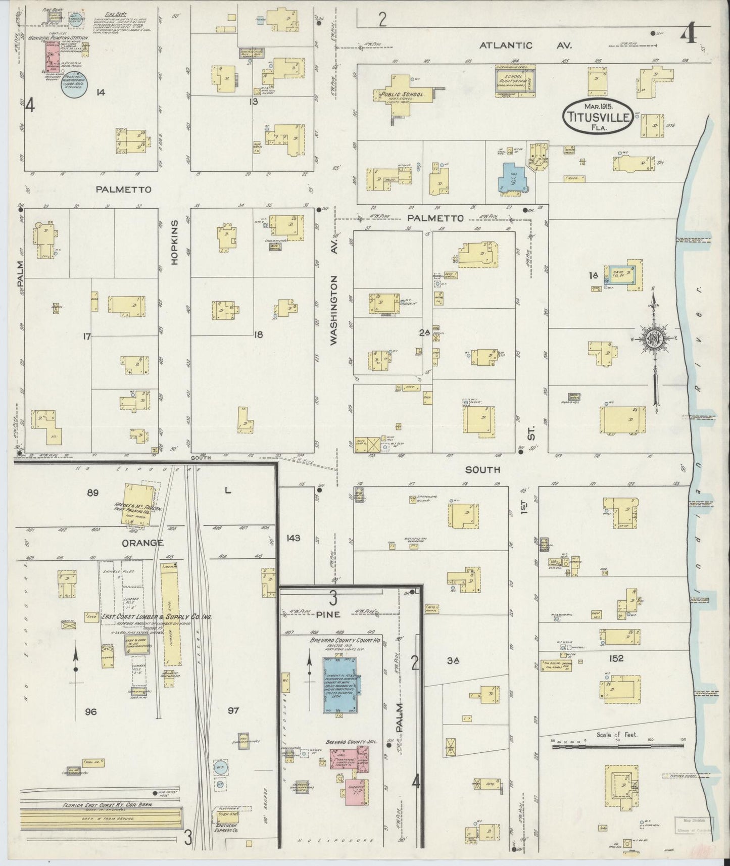 Sanborn Fire Insurance Map from Titusville, Brevard County, Florida (1915), Sheet #0004 - Historic Sanborn Fire Insurance Map Print, vintage old map wall art, antique decor, genealogy gift, Florida Florida map