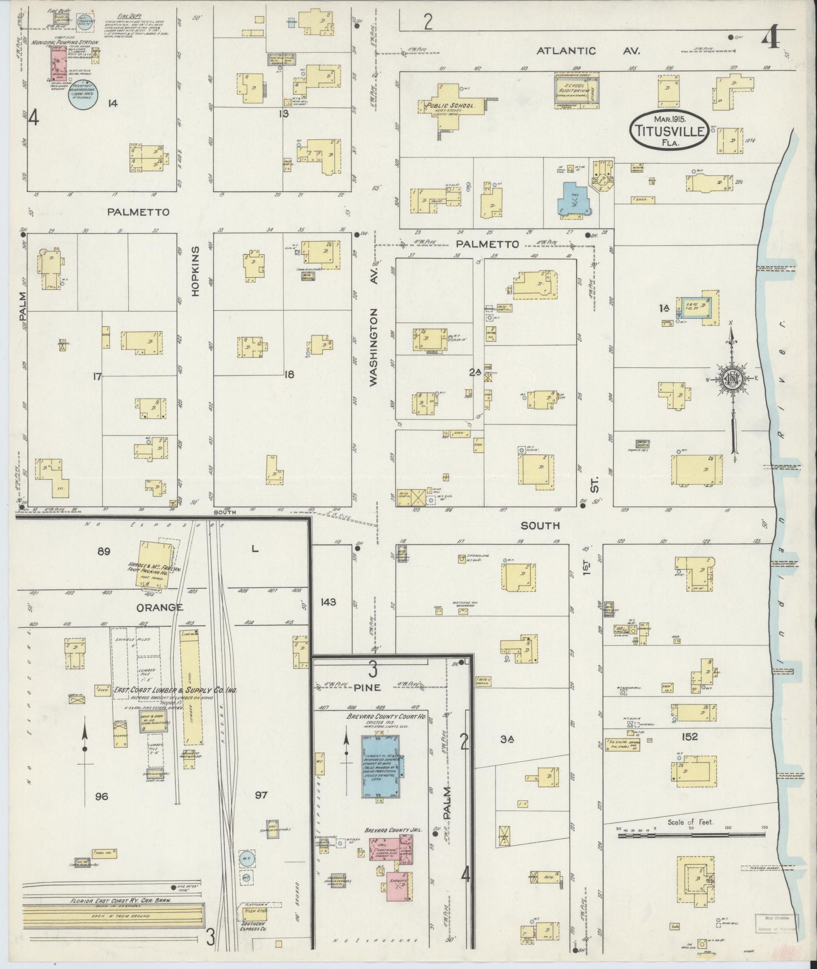 Sanborn Fire Insurance Map from Titusville, Brevard County, Florida (1915), Sheet #0004 - Historic Sanborn Fire Insurance Map Print, vintage old map wall art, antique decor, genealogy gift, Florida Florida map