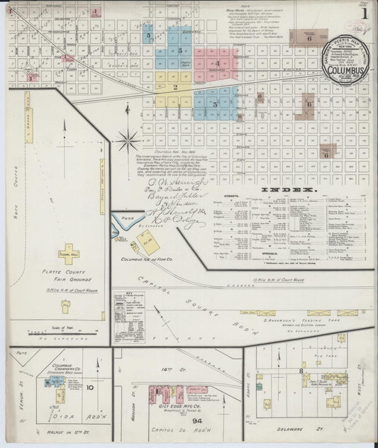 Sanborn Fire Insurance Map from Columbus, Platte County, Nebraska (1889), Sheet #0001 - Historic Sanborn Fire Insurance Map Print, vintage old map wall art, antique decor, genealogy gift, Nebraska Nebraska map