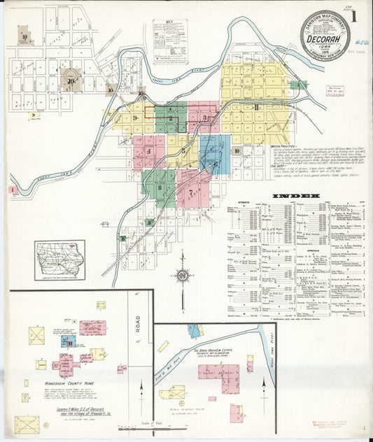 Sanborn Fire Insurance Map from Decorah, Winneshiek County, Iowa (1914), Sheet #0001 - Historic Sanborn Fire Insurance Map Print, vintage old map wall art