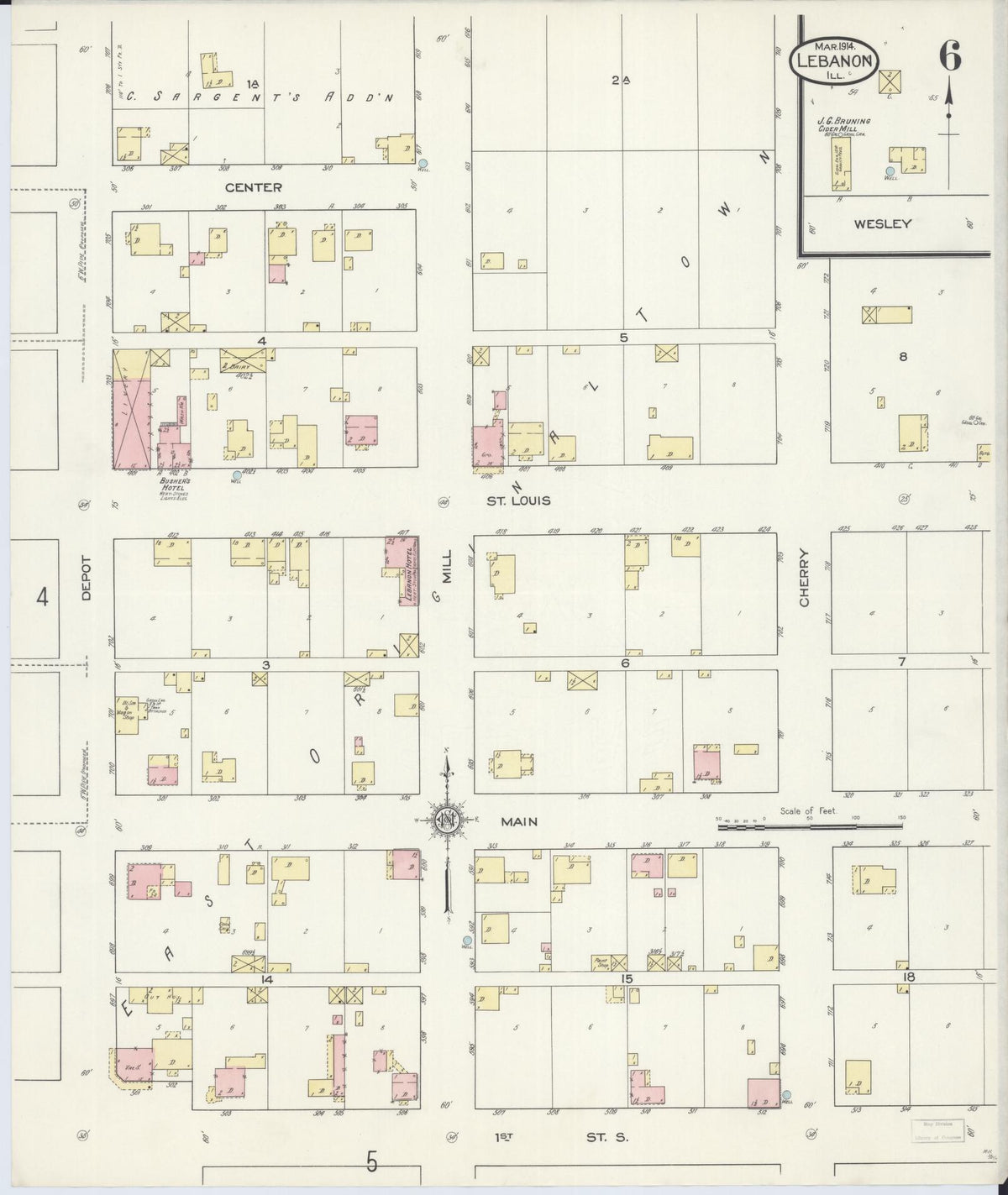 Sanborn Fire Insurance Map from Lebanon, Saint Clair County, Illinois (1914), Sheet #0006 - Complete Map Set gallery image, historic Sanborn map, vintage wall art, Illinois Illinois