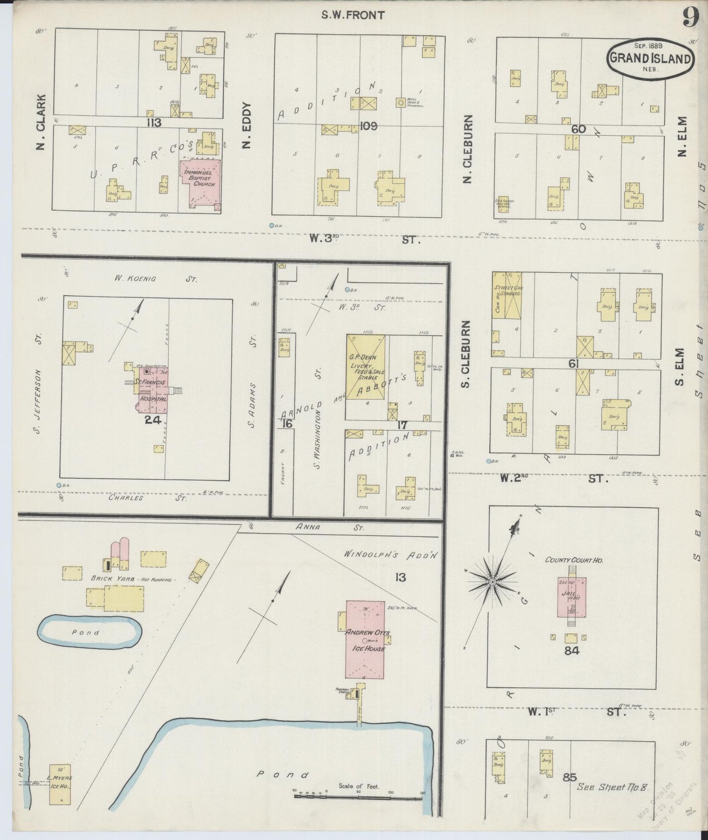 Sanborn Fire Insurance Map from Grand Island, Hall County, Nebraska (1889), Sheet #0009 - Historic Sanborn Fire Insurance Map Print, vintage old map wall art, antique decor, genealogy gift, Nebraska Nebraska map