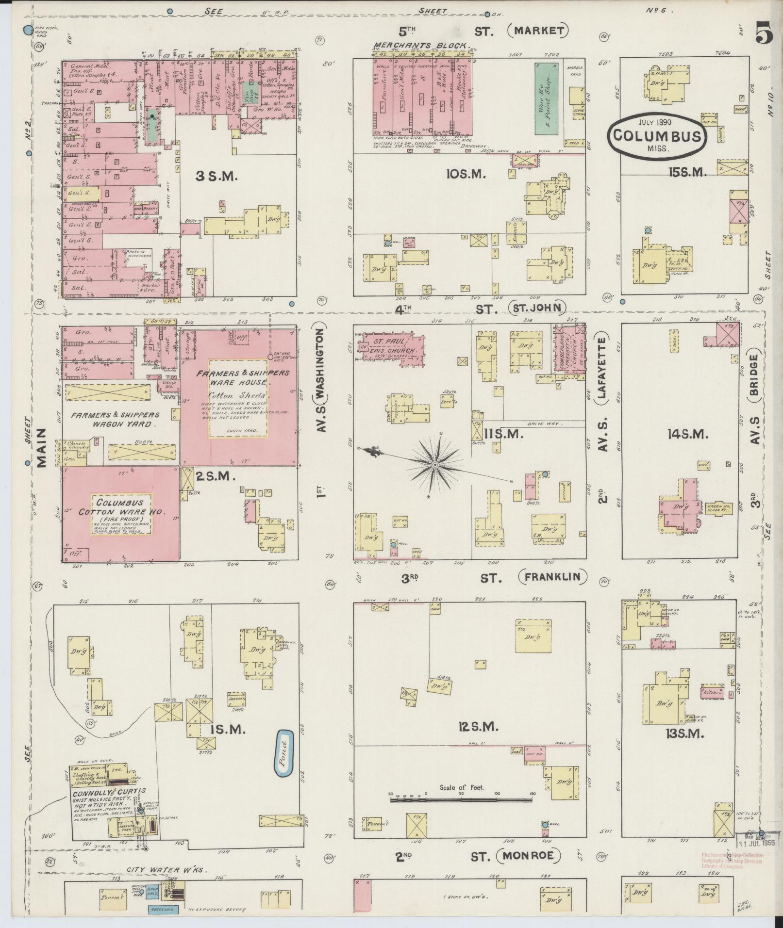 Sanborn Fire Insurance Map from Columbus, Lowndes County, Mississippi (1890), Sheet #0005 - Historic Sanborn Fire Insurance Map Print, vintage old map wall art, antique decor, genealogy gift, Mississippi Mississippi map