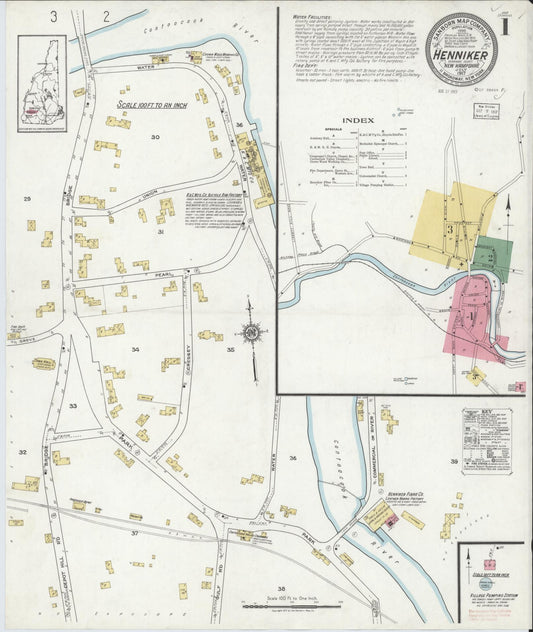 Sanborn Fire Insurance Map from Henniker, Merrimack County, New Hampshire (1917), Sheet #0001 - Complete Map Set gallery image, historic Sanborn map, vintage wall art, New Hampshire New Hampshire