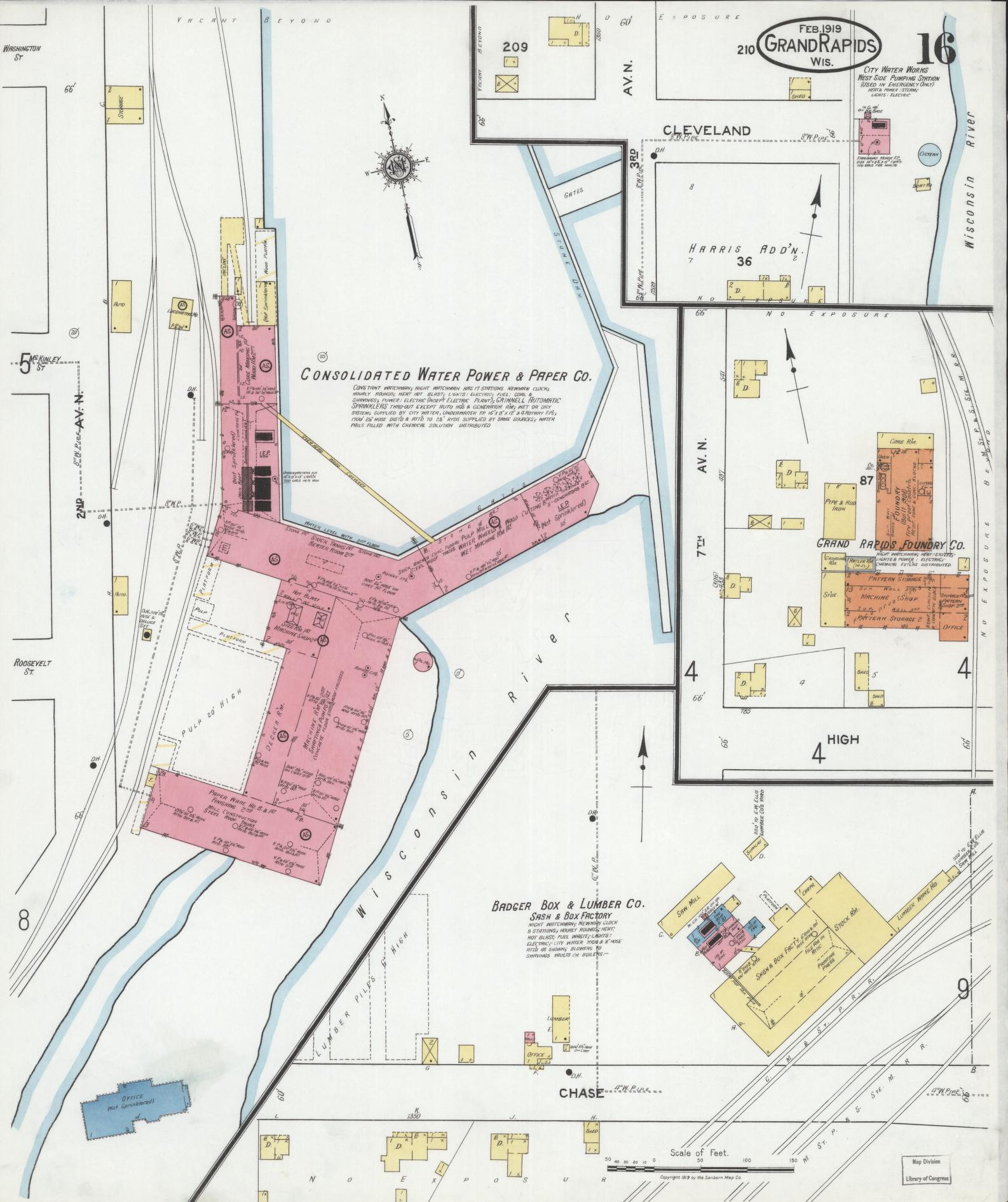 Sanborn Fire Insurance Map from Grand Rapids, Wood County, Wisconsin (1919), Sheet #0016 - Historic Sanborn Fire Insurance Map Print, vintage old map wall art, antique decor, genealogy gift, Wisconsin Wisconsin map