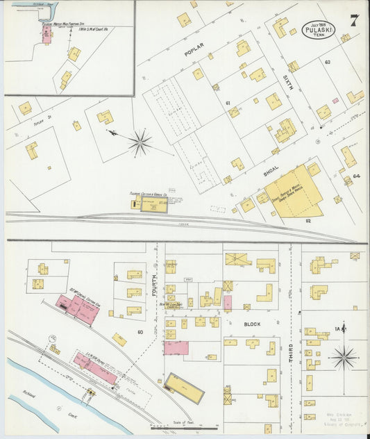 Sanborn Fire Insurance Map from Pulaski, Giles County, Tennessee (1905), Sheet #0007 - Historic Sanborn Fire Insurance Map Print, vintage old map wall art, antique decor, genealogy gift, Tennessee Tennessee map