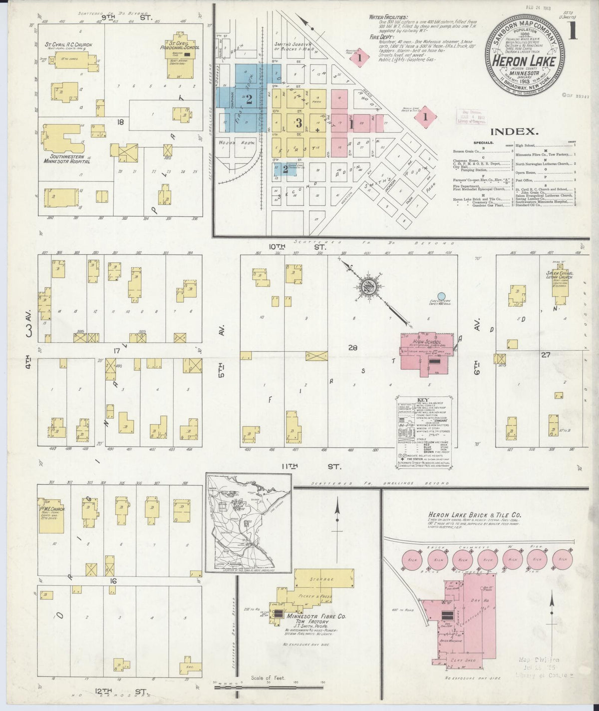 Sanborn Fire Insurance Map from Heron Lake, Jackson County, Minnesota (1913), Sheet #0001 - Complete Map Set gallery image, historic Sanborn map, vintage wall art, Minnesota Minnesota